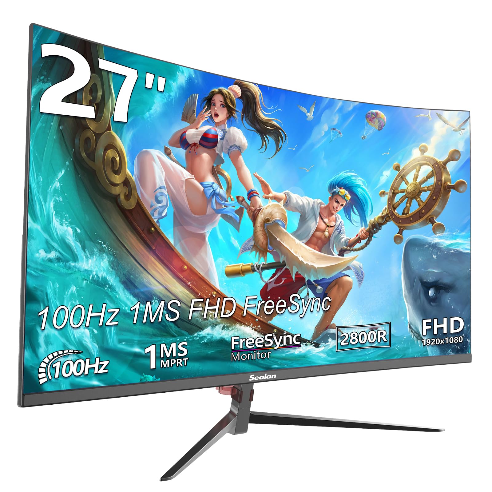 Sealan 27 inch Curved Gaming Monitor 100Hz Computer Monitor Full HD 1920 x 1080P with HDMI DP Interface Eye Care Frameless (100 