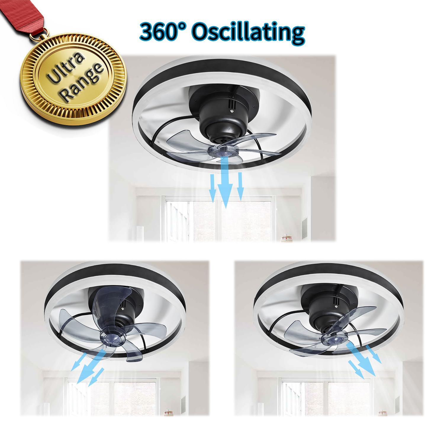 360 Oscillating Low Profile Ceiling Fan With Light(Ventilador De Techo Con Luz),Rotating Remote And App Bluetooth Control,Modern