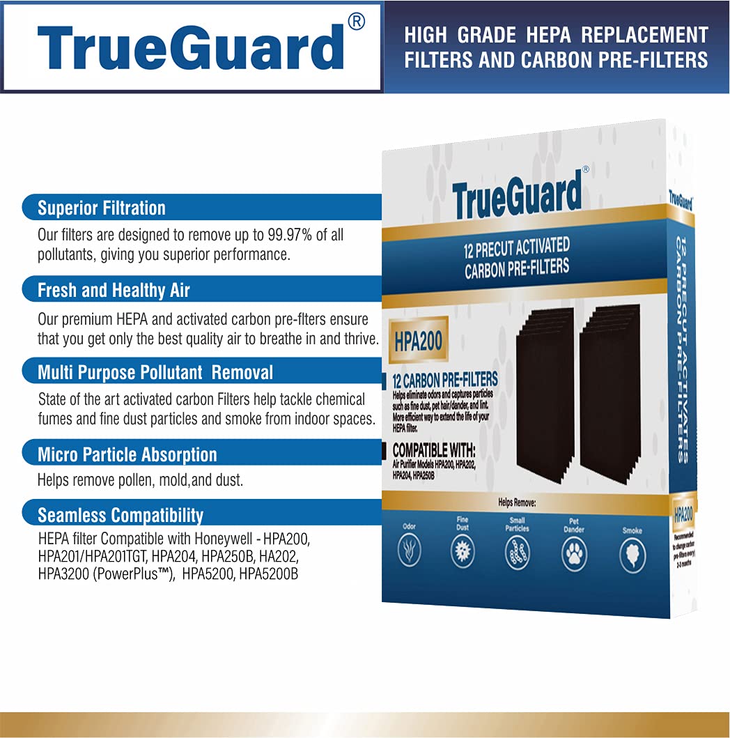 Trueguard Air Purifier Replacement Pre Filters For Hpa200 Series | 12 Pack Of Pre Cut Activated Carbon Prefilters | Precision Fi