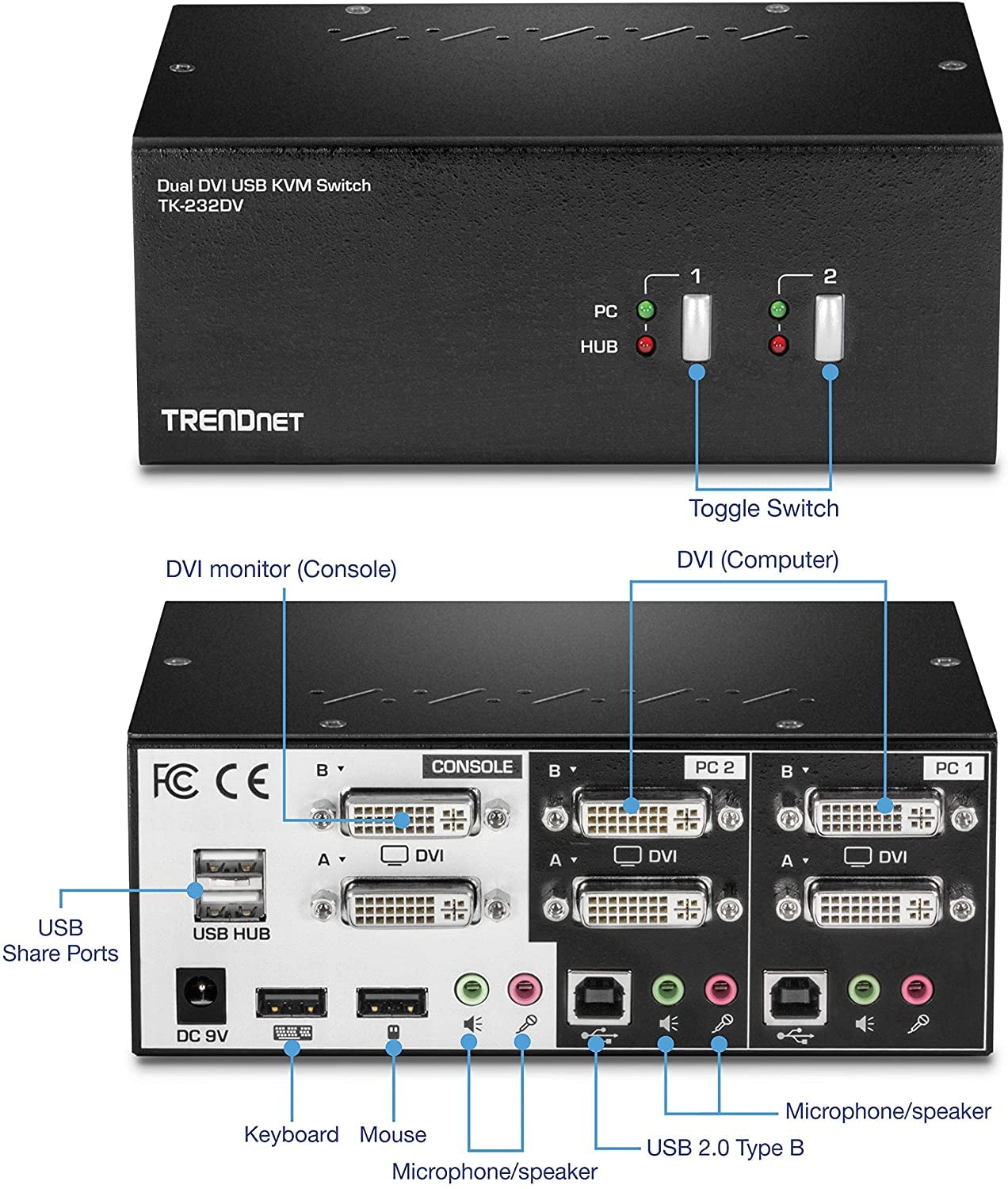 Trendnet 2 Port Dual Monitor Dvi Kvm Switch With Audio, 2 Port Usb 2.0 Hub, Digital Resolutions Up To 1920 X 1200, Analog Resolutions Up To 2048 X 1536, Tk 232Dv