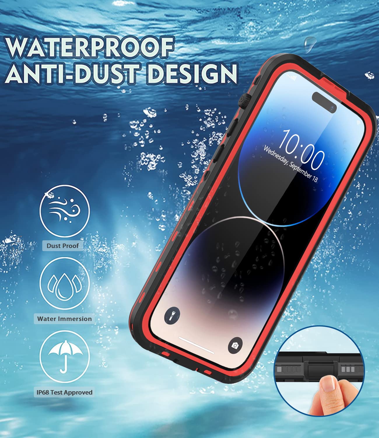 Guirble iPhone 14 Pro Waterproof Shockproof Full Body Protective Case with Screen Protector Red 6.1''
