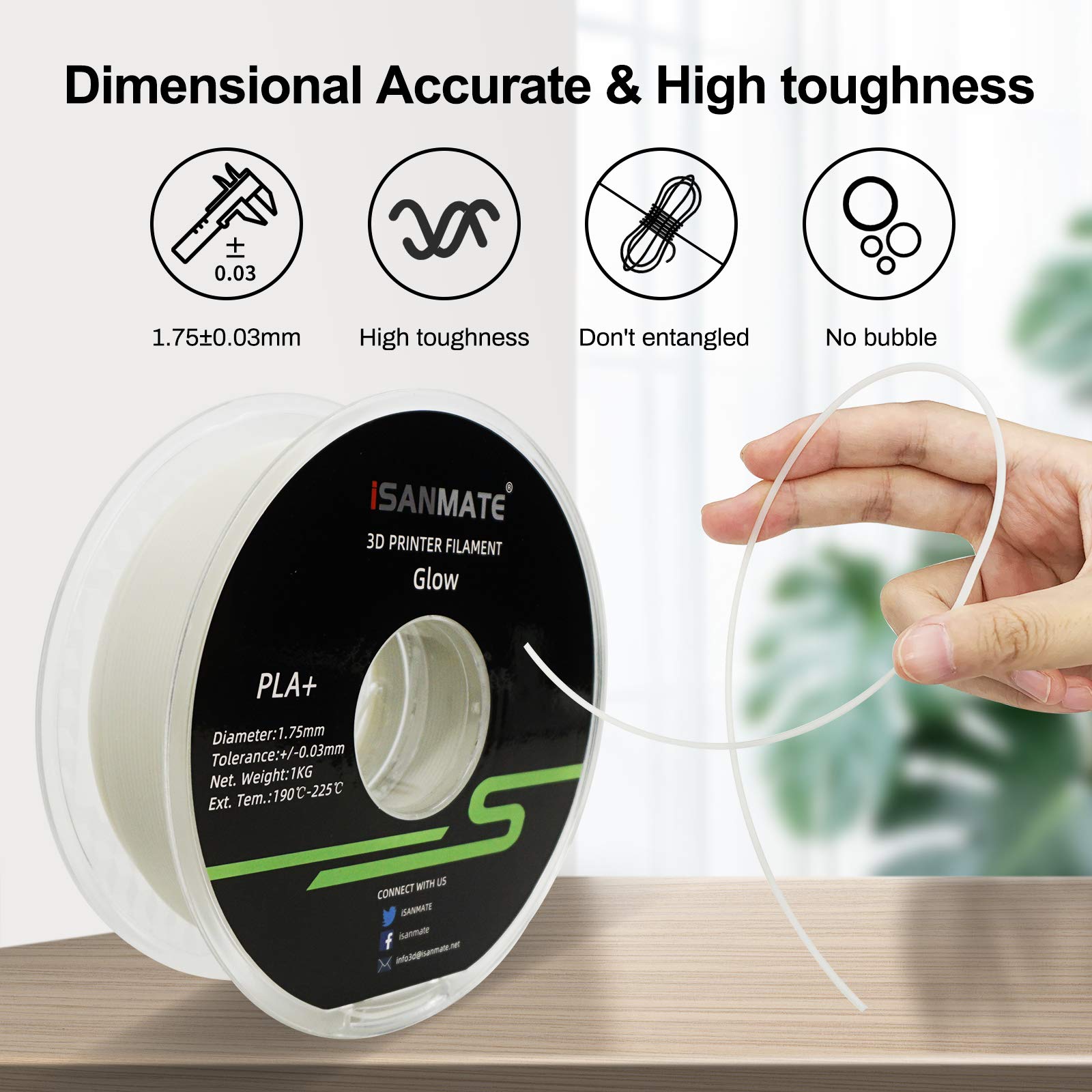 3D Printer Filament, Pla Filament Glow In The Dark, 1.75Mm Dimensional Accuracy +/  0.03 Mm, 1 Kg Spool