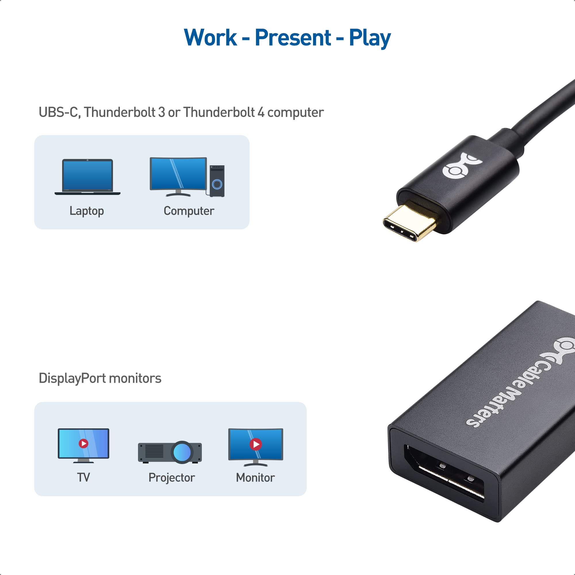Cable Matters 32.4Gbps USB C to DisplayPort 1.4 Adapter, 4K@240hz, 8K@60hz, and HDR Support  Thunderbolt 4 / USB4 Compatible with Oculus Rift S, iPad Pro, iPhone 16/15 Pro, MacBook Pro, XPS, Surface