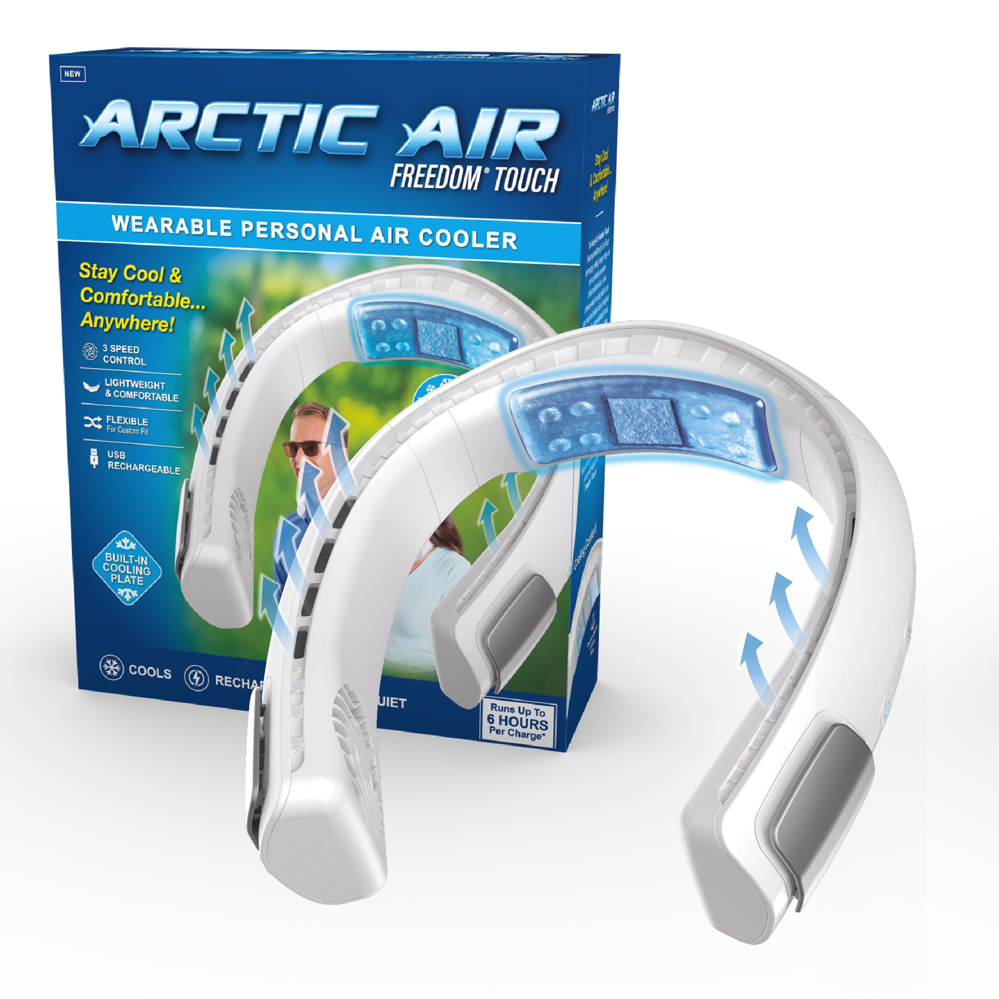 Arctic Air Freedom Touch Personal Neck Fan, 3-Speed Rechargeable Cooling Device, Long-lasting, Lightweight Portable Neck Cooler,