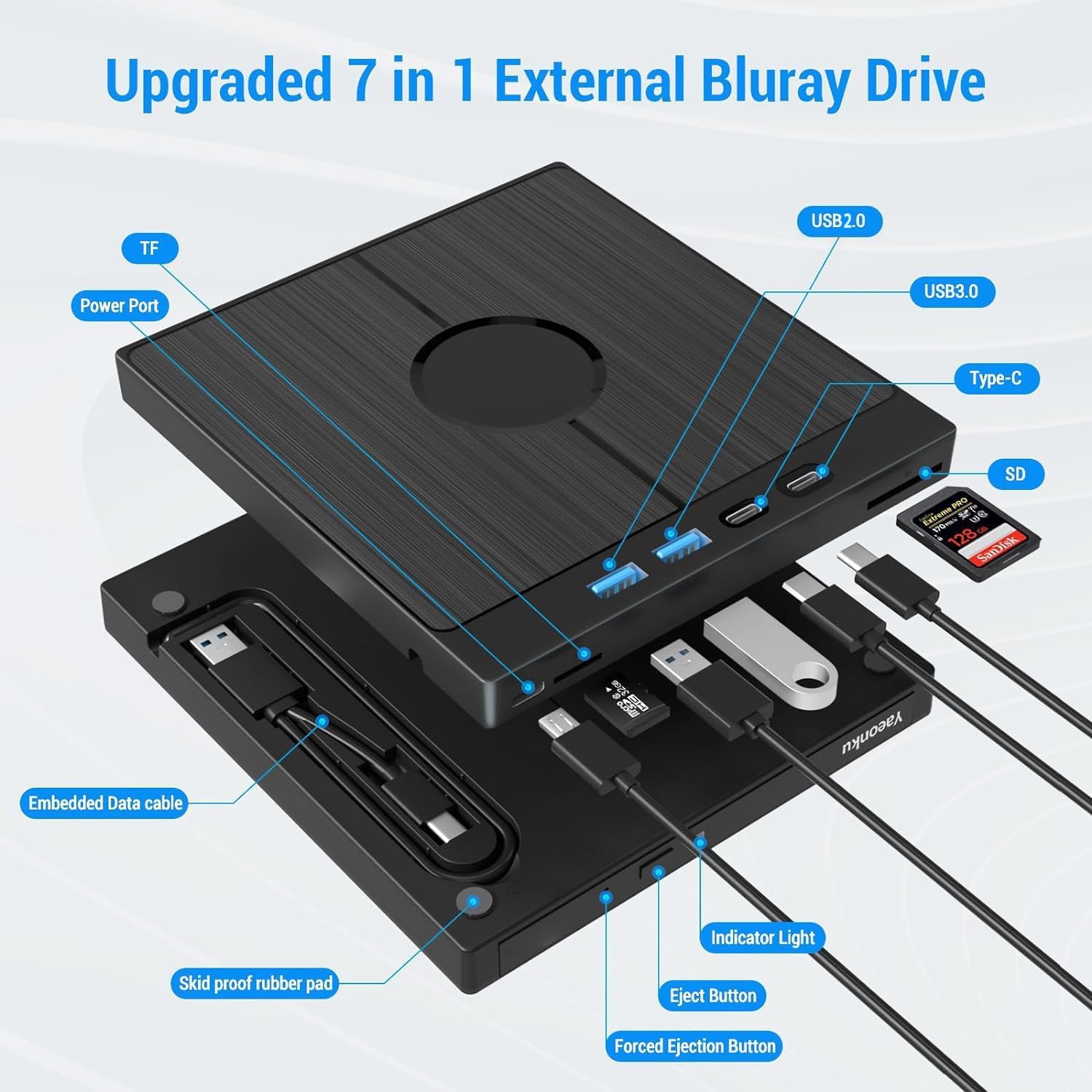 Yaeonku 7 In 1 External Bluray Drive, Usb 3.0 Type C 3D Blu Ray Dvd Burner Slim Optical External Bluray Dvd Burner With Sd/Tf Ca