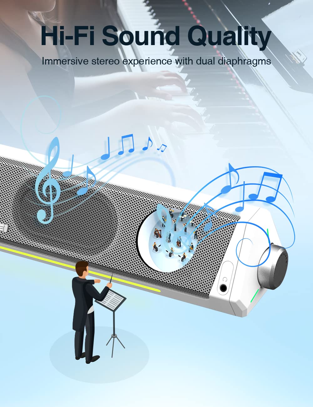 Computer Speakers, Bluetooth Soundbar, Hifi Stereo, 3.5Mm Aux In Connection, Usb Powered Speakers For Desktop Monitor, Pc, Lapto