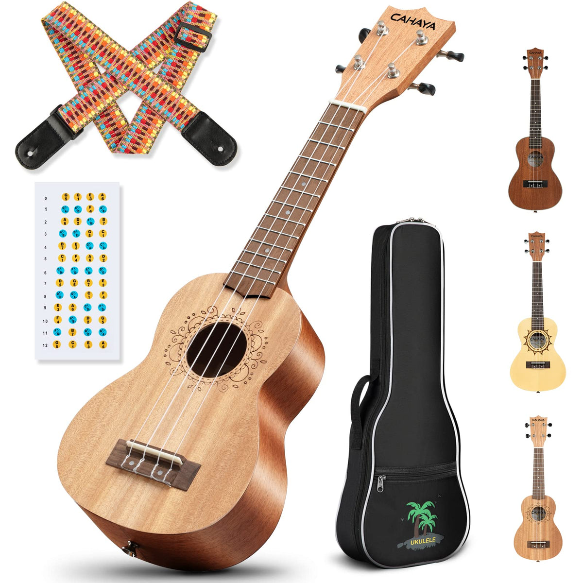 Cahaya Ukulele Kit Beginner Starter 21 Inch With Gig Bag, Rainbow Strap, Fretboard Stickers, For Both Adults And Kids, Mahogany,