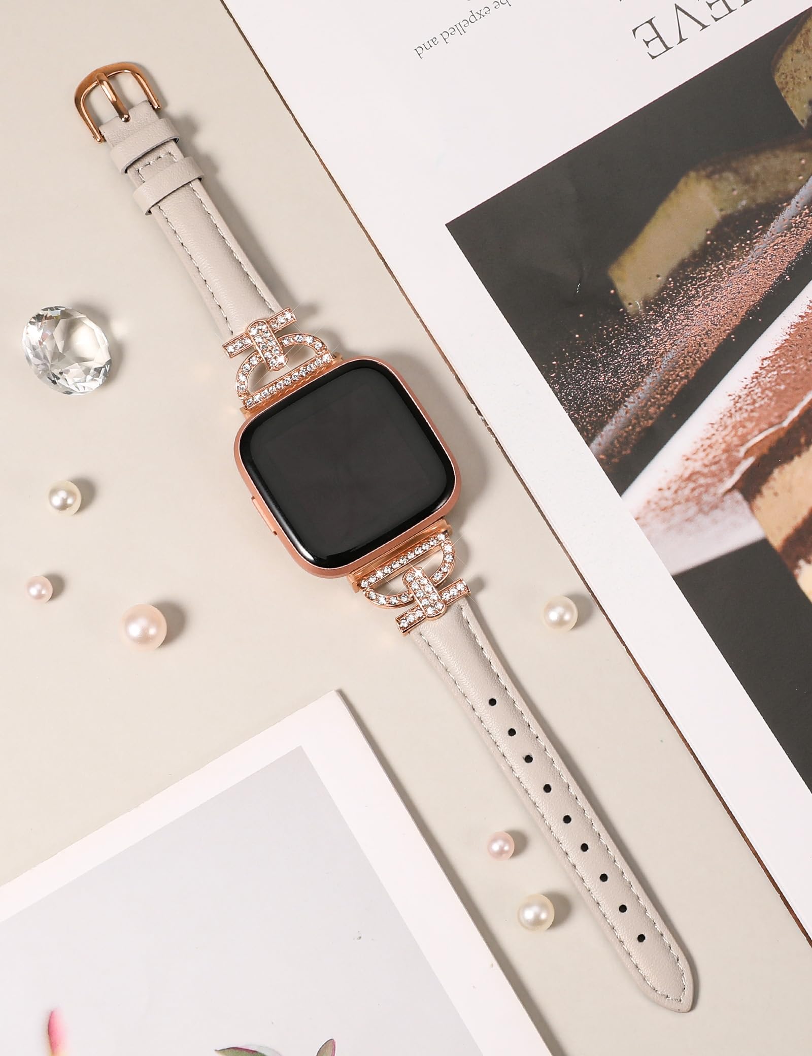 Minyee Leather Bands Compatible With Fitbit Versa 2/Fitbit Versa/Versa Lite Band Women, Dressy Slim Thin Leather Strap With D-Sh