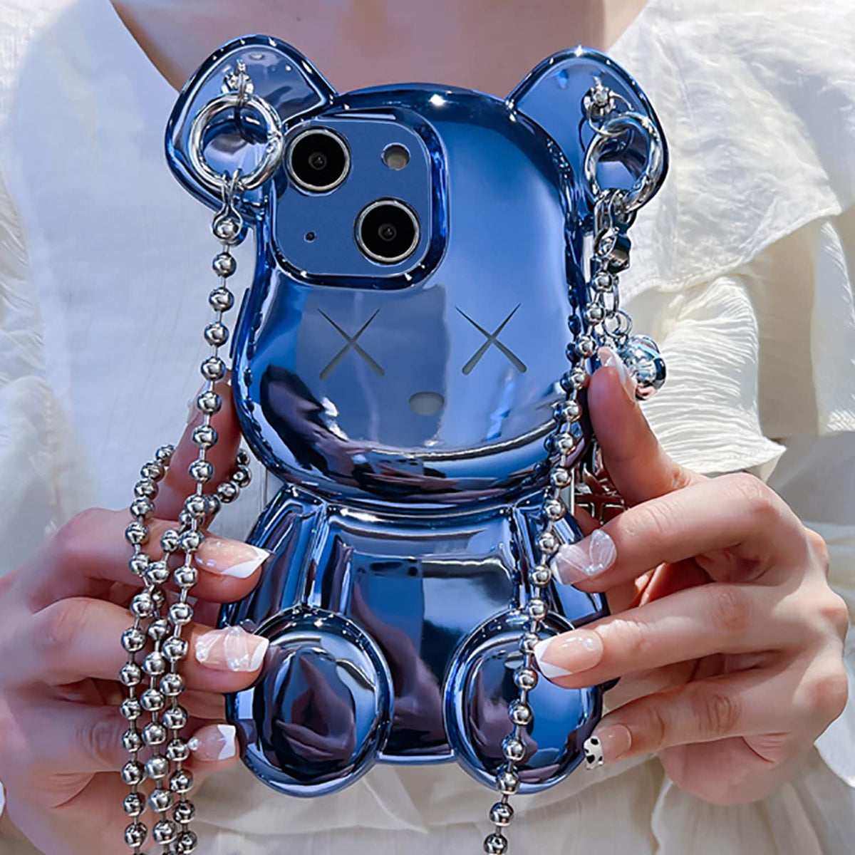 Cute Case For Iphone 13 6.1'', 3D Cartoon Case Teddy Bear Sparkle Bling Cover With Metal Chain Strap Bell Pendant, Fashion Plati