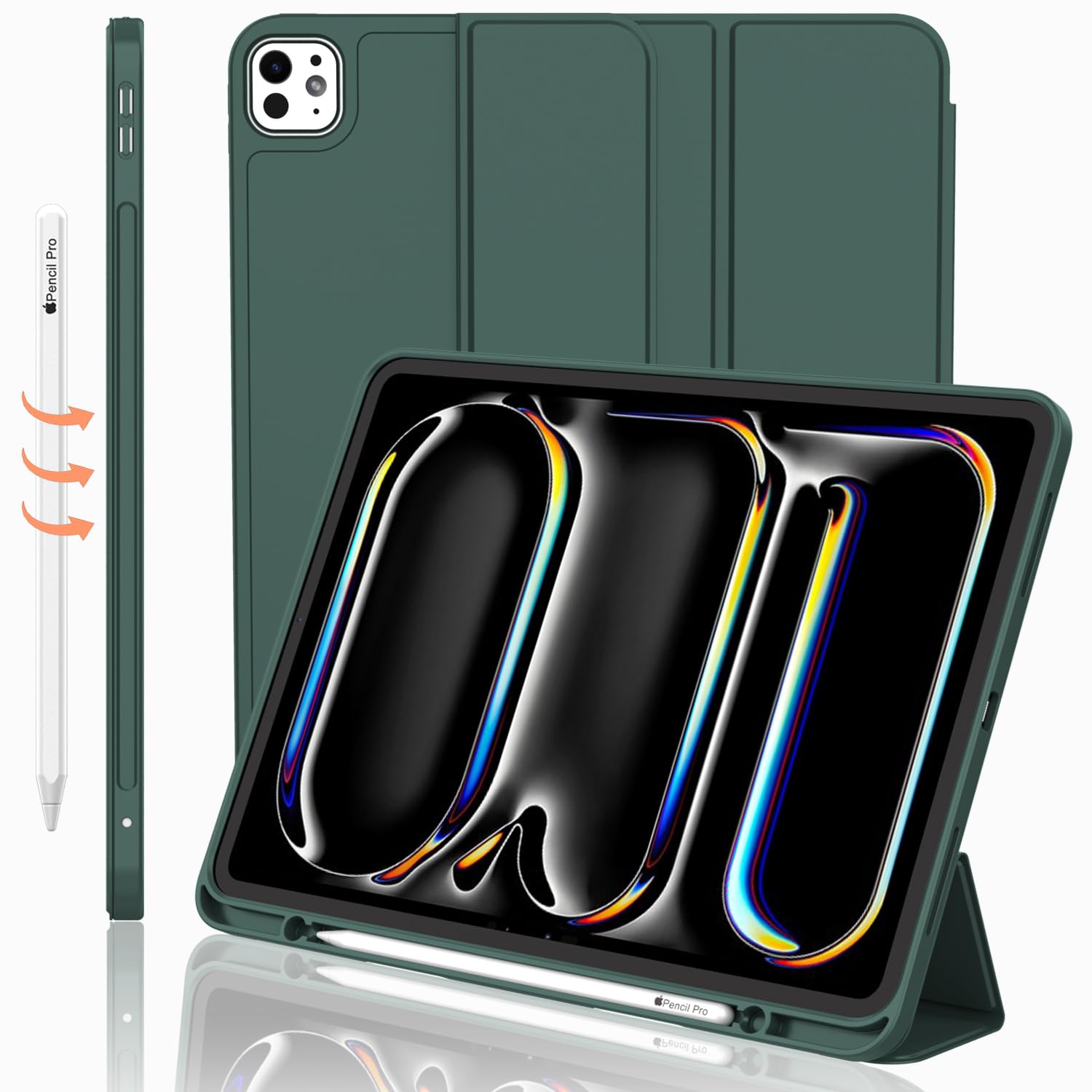 Imieet Ipad Pro 13 Inch Case M4 (2024) With Pencil Holder, [Support Pencil Pro And Pencil (Usb C)],Trifold Stand Smart Case With Soft Tpu Back, Auto Wake/Sleep (Midnight Green)