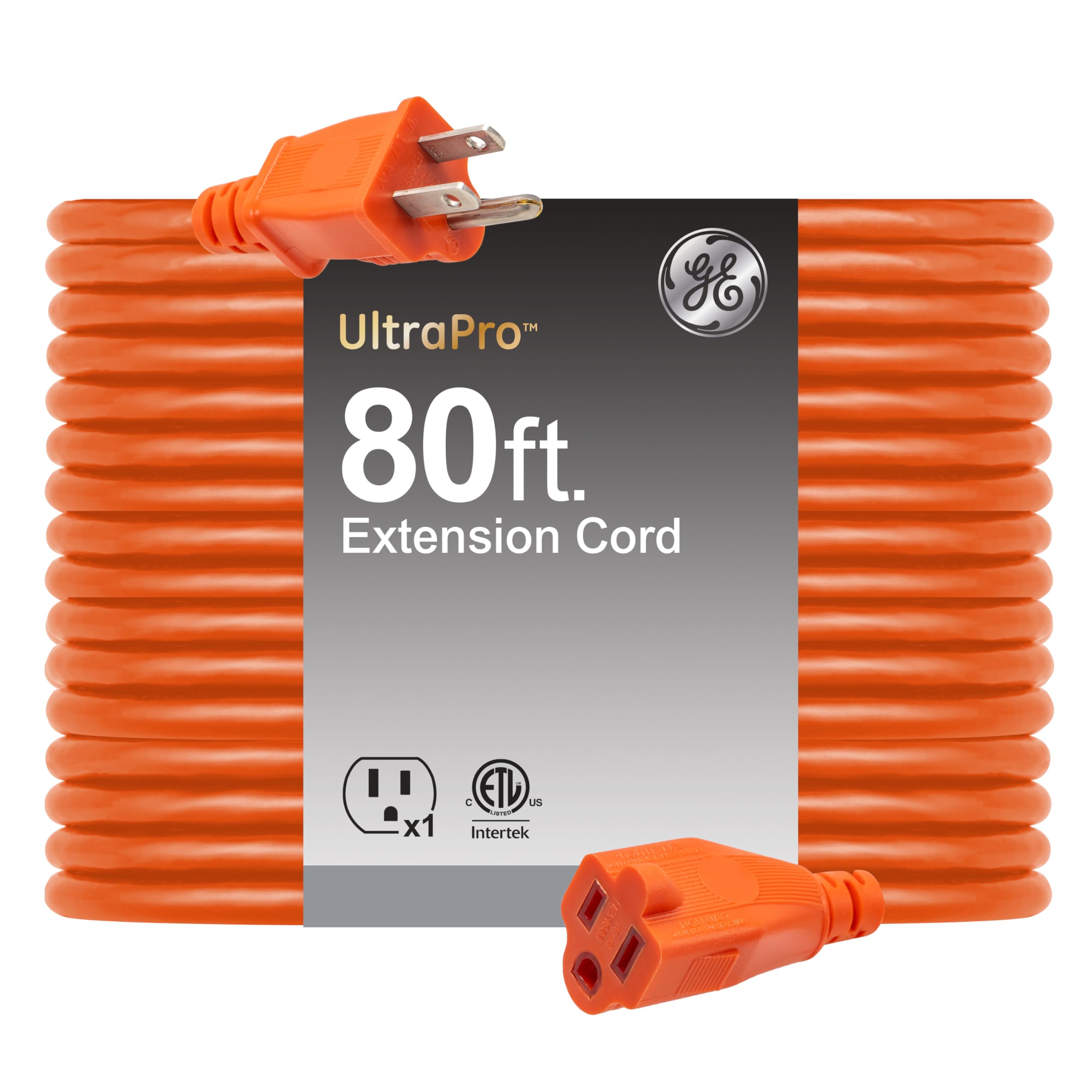 Ge Outdoor Extension Cord, 80 Ft, Grounded Heavy Duty Extension Cord, 16Awg 3 Prong Extension Cord Outdoor, Outside Extension Co