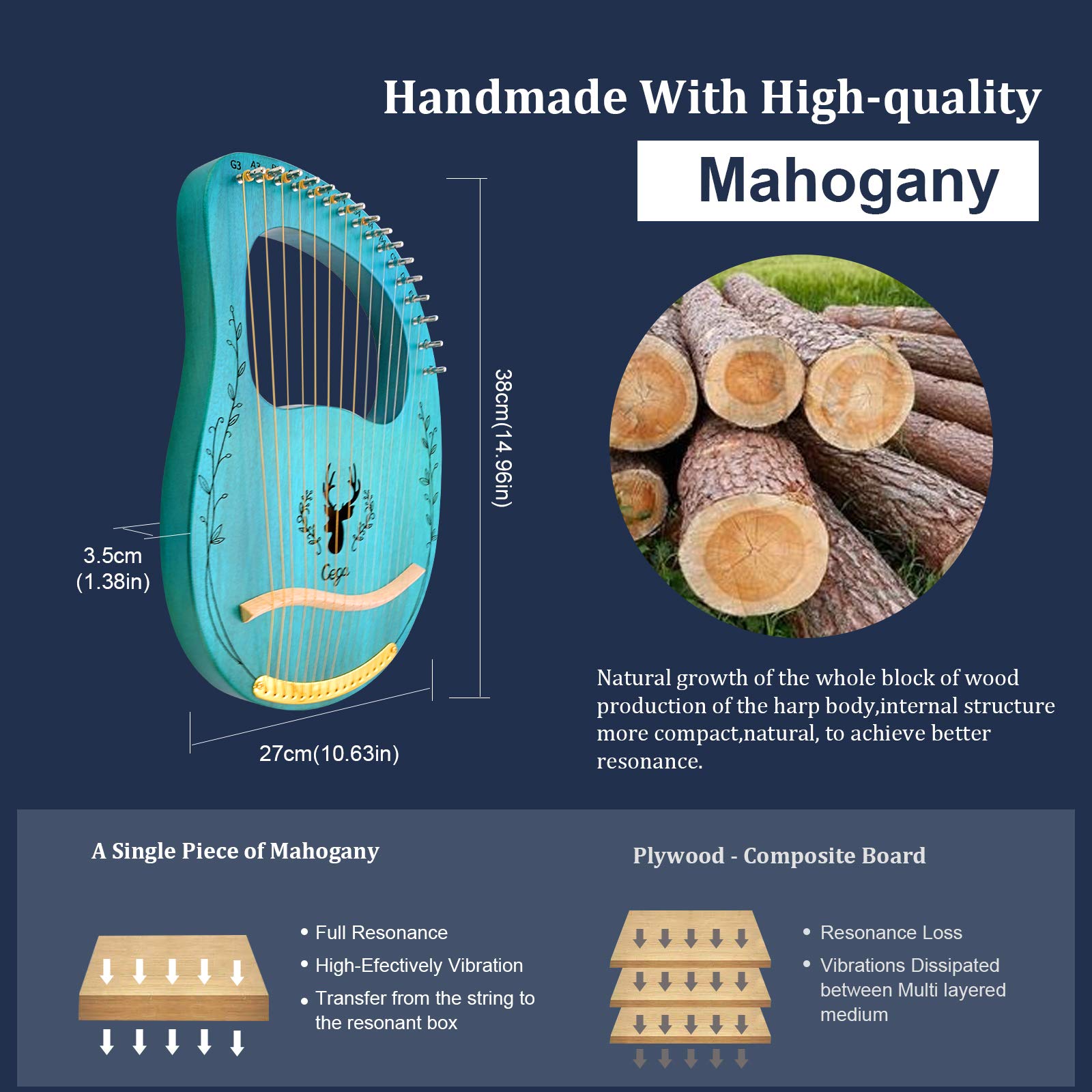 Lyre Harp 16 Strings: Solid Mahogany Wooden Body Metal Strings Musical Instrument - Accessory With Tuning Wrench And Durable Gig