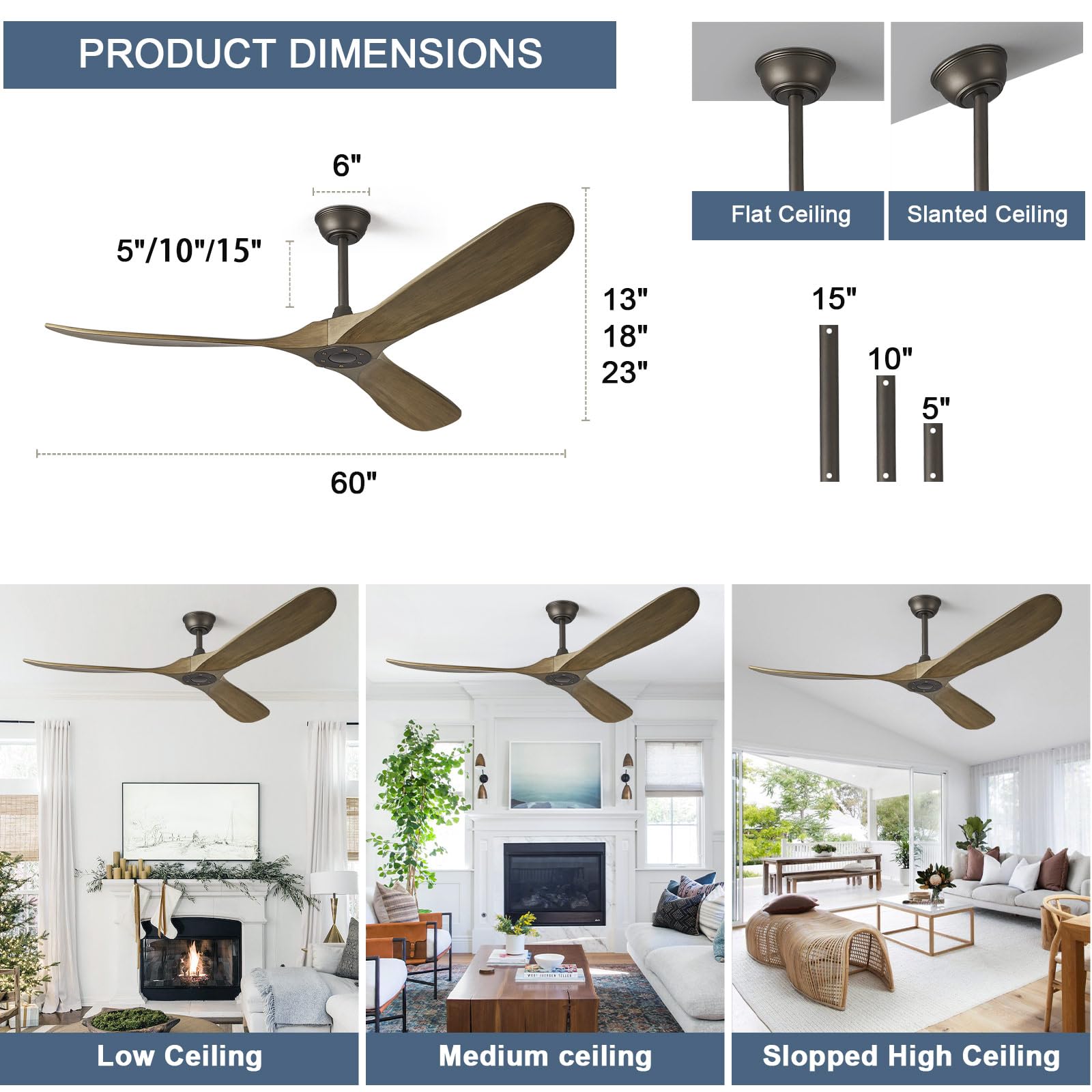 Abz 60'' Ceiling Fan Without Light   60 Inch Propeller Solid Wood Blades Bronze Gray Ceiling Fan No Light With Remote Control Fo