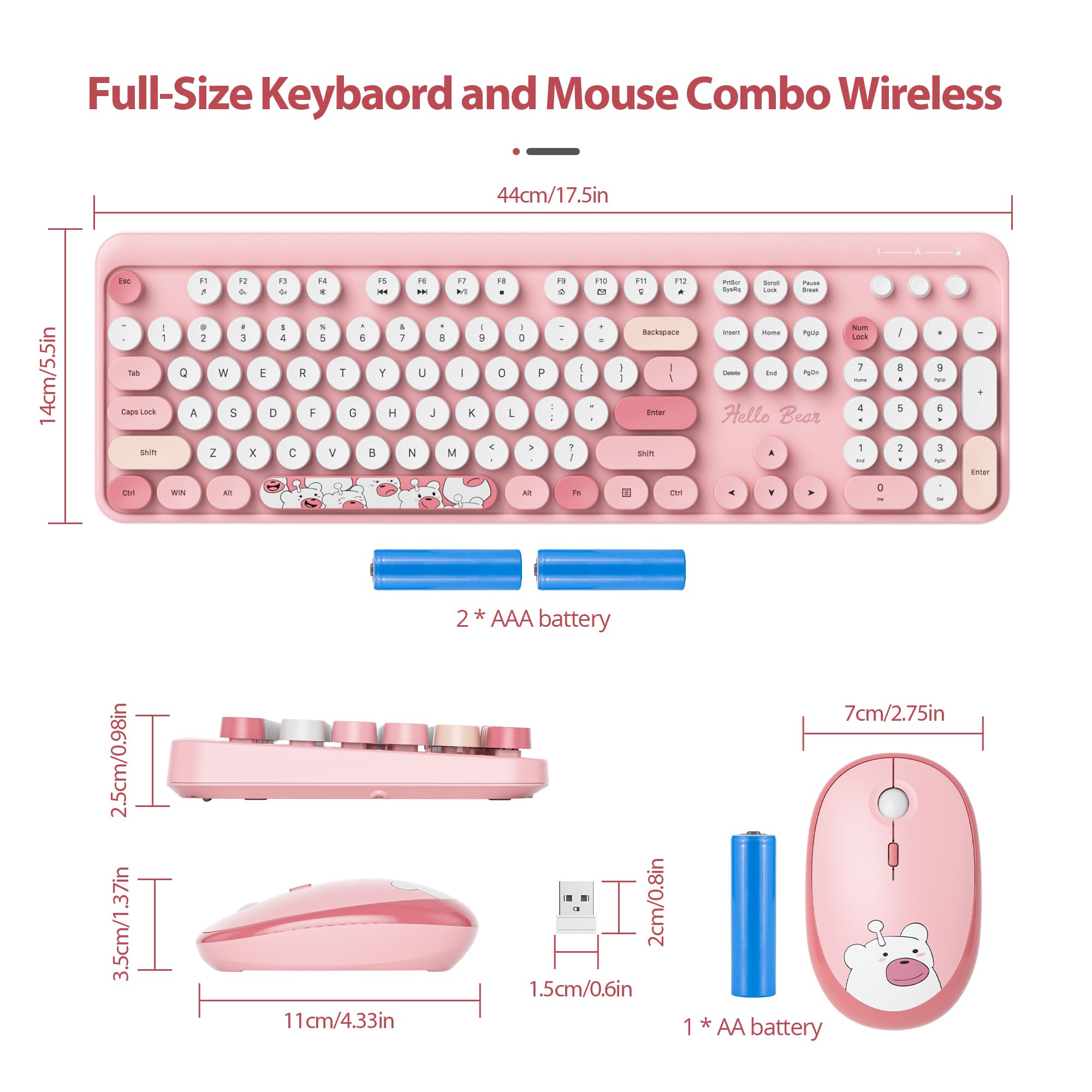 Fogruaden Wireless Keyboard And Mouse Combo, Pink Retro Typewriter Keyboard, 2.4Ghz Full Size Round Keycap Cute Computer Keyboar