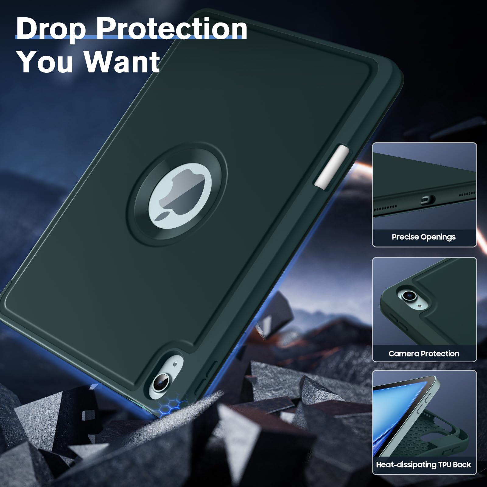 MoKo for iPad Air 11 Inch Case (M2) 2024, iPad Air 6th Generation Case/iPad Air 5th/4th Gen 2022/2020 with Pencil Holder, Smart Trifold Protective iPad Case,Hollow Logo/Auto Wake/Sleep,Midnight Green