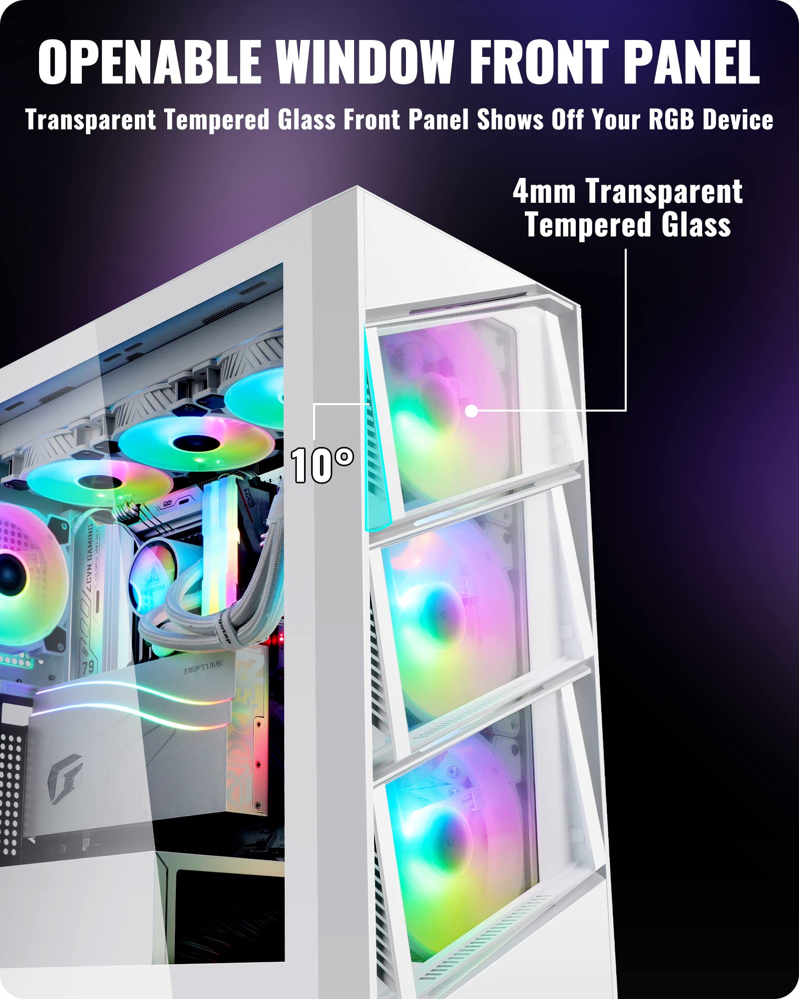 Segotep T3 White Mid Tower Atx Gaming Pc Case, Support Top & Side 360Mm Radiators, Gpu Snap On Opening & Closing Front Panel, Ty
