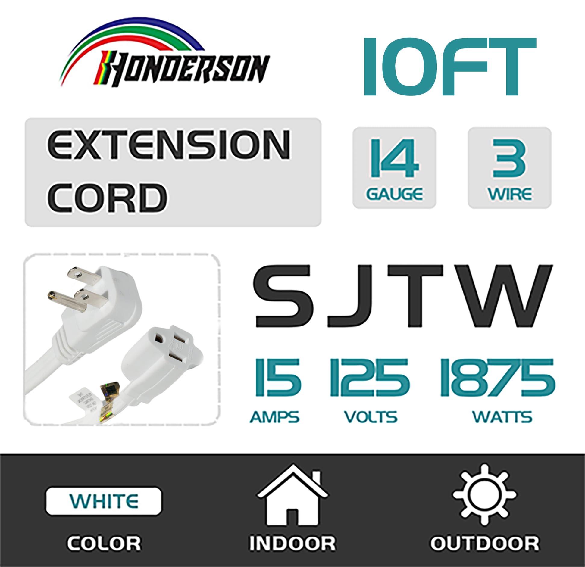Honderson Flat Plug Extension Cord, Ul Listed, Indoor Extension Cord 14 Gauge 10Ft White, 14/3 Spt 3 15A 3 Prong Grounded Power