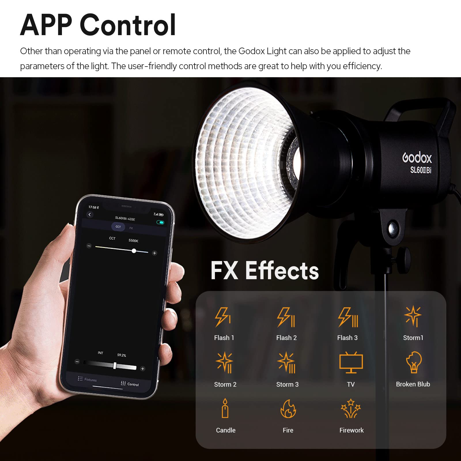 Godox Sl60Iibi Bi Color Led Video Light, 75W 2800K 6500K 25100Lux@1M Cri 96+ Tlci97+ Bowens Mount Led Continuous Light, 11 Fx Ef