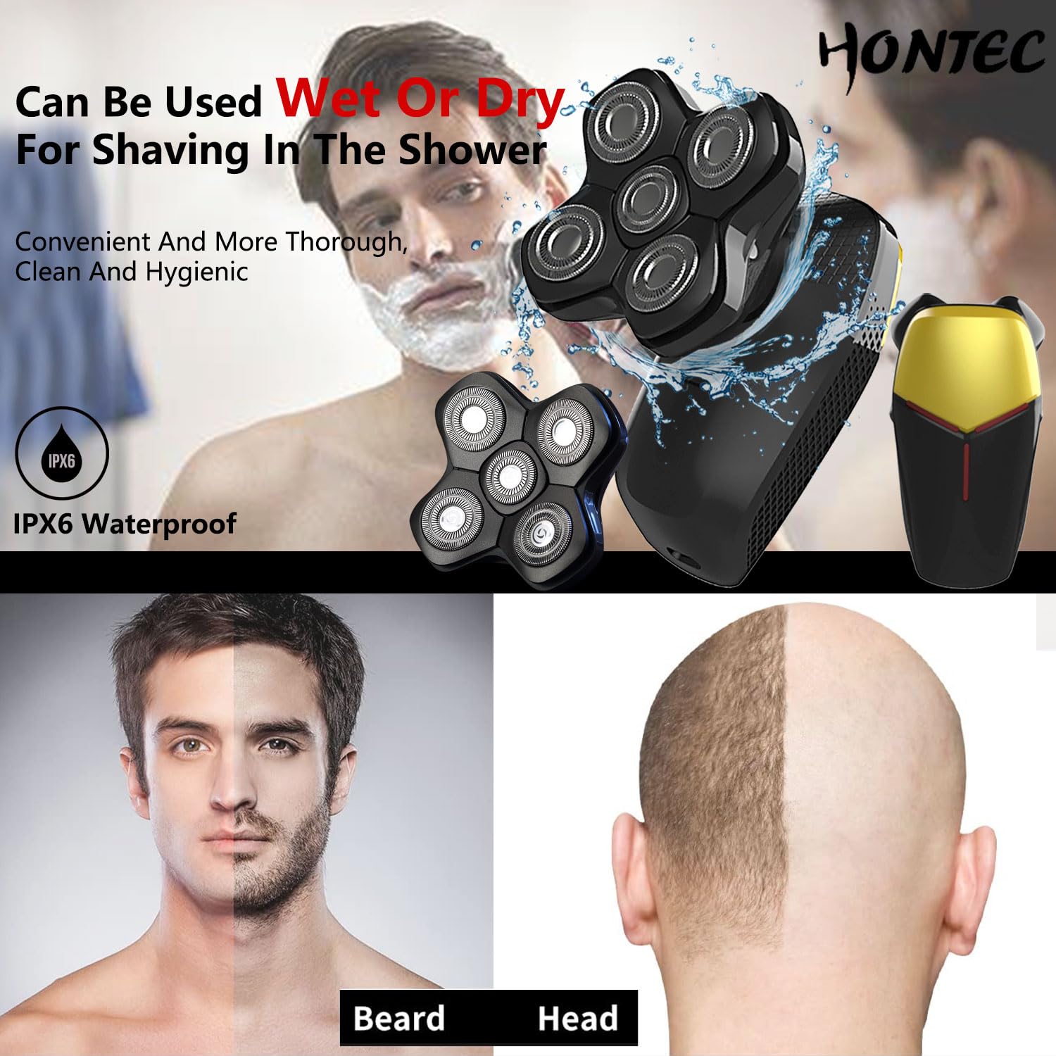 Hontec Revolutionary Upgrade Bald Men'S 4 In 1 Electric Head Shavers Cordless Comfortable Ipx7 Waterproof M Wet/Dry Use Equipped