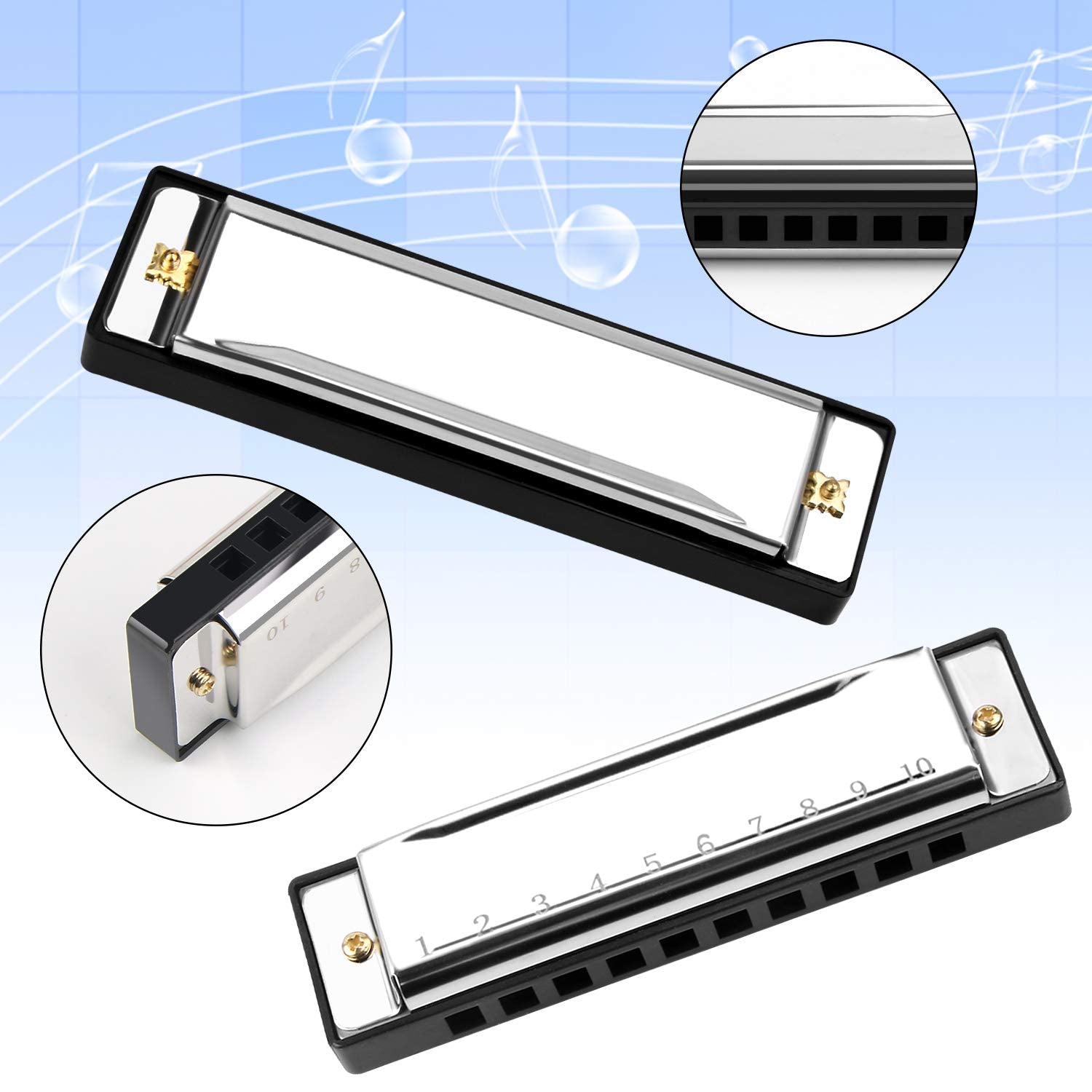 Upins 4Pcs Key Of C 10 Hole 10 Tones Titanium Color Harmonica With Case For Beginner(Gold, Silvery, Black, Red)