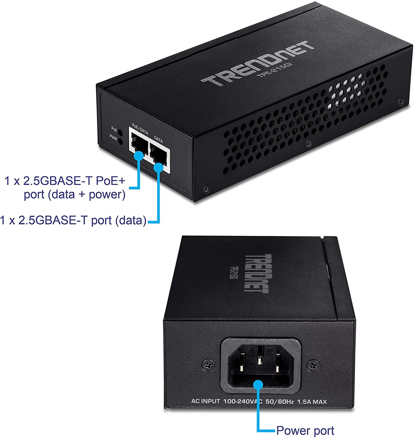 Trendnet 25G Poe+ Injector, Tpe 215Gi, Poe (154W) Or Poe+ (30W), Converts A Non Poe Port To A Poe+ 25G Port, 25Gbase T Compliant