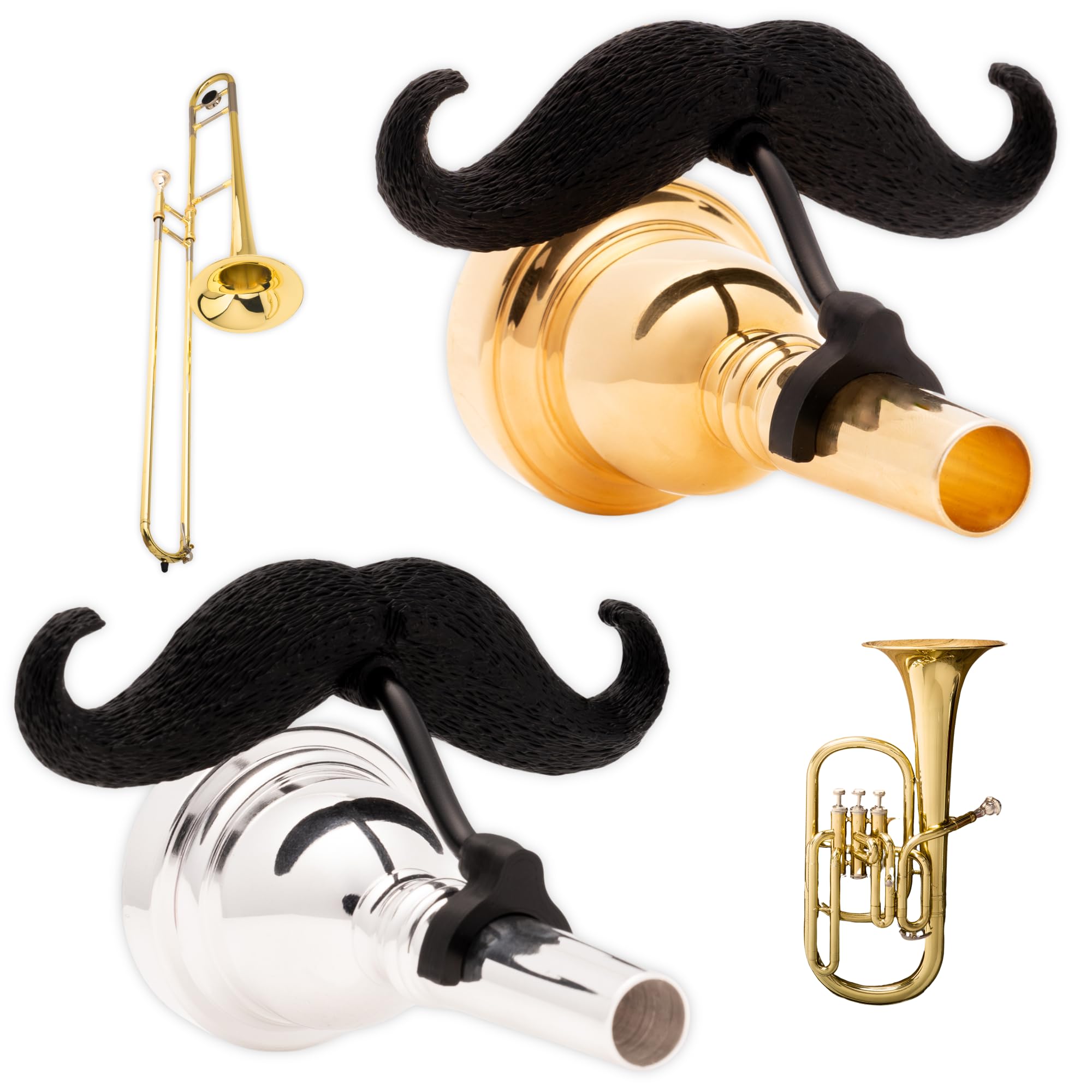 Brasstache Trombone-stache XL (2-pack) - Clip-on Mustache for Small and Large shank Trombone, Baritone, and Euphonium Mouthpiece
