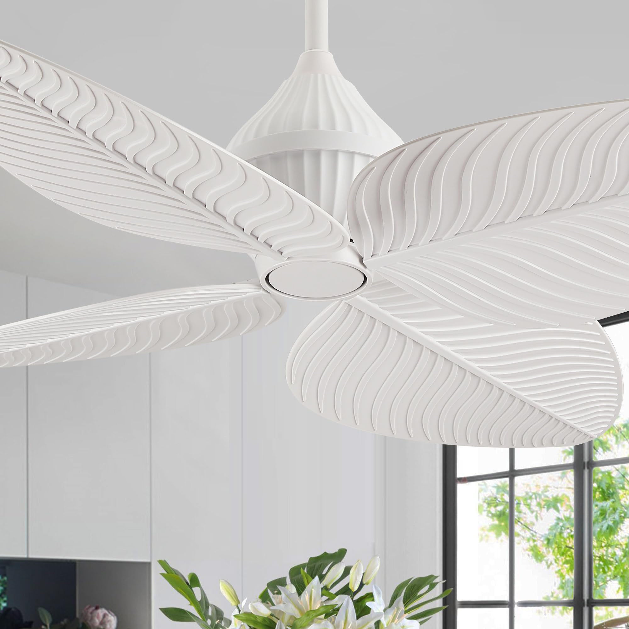 LVYEAYOU 52 White Tropical Ceiling Fans, Flush Mount Palm Leaf Ceiling Fan no Light, Indoor Ceiling Fans Without Light for Livin