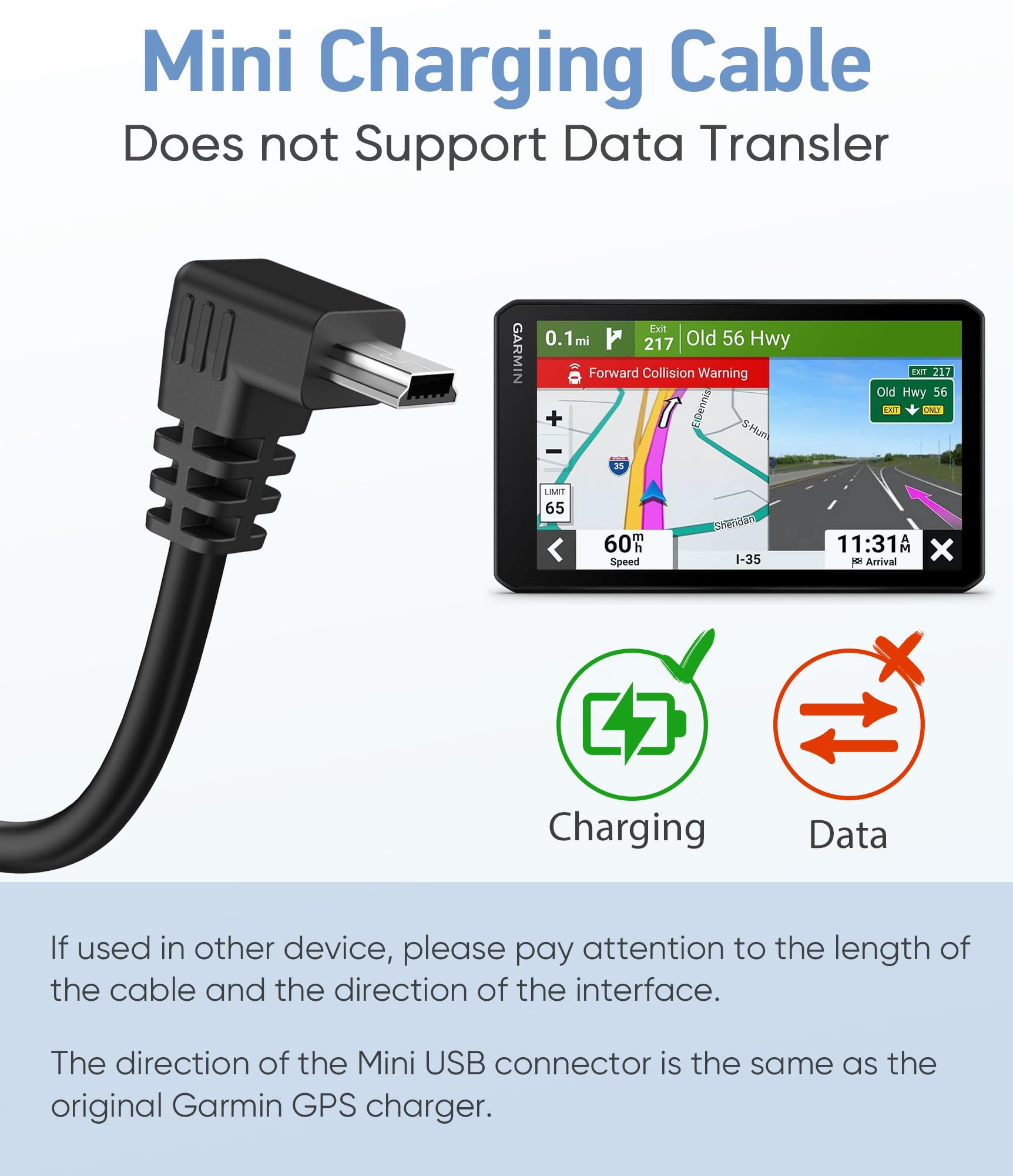 Pixelman 18Awg Charging Cable For Garmin Gps,(6.5Ft 2Pcs) Thicker Gps Power Cord,90 Degree Shielding Mini Usb Charger Cable,Charging Adapter For Garmin Gps Garmin Drivesmart 65 Zumo Xt Nuvi