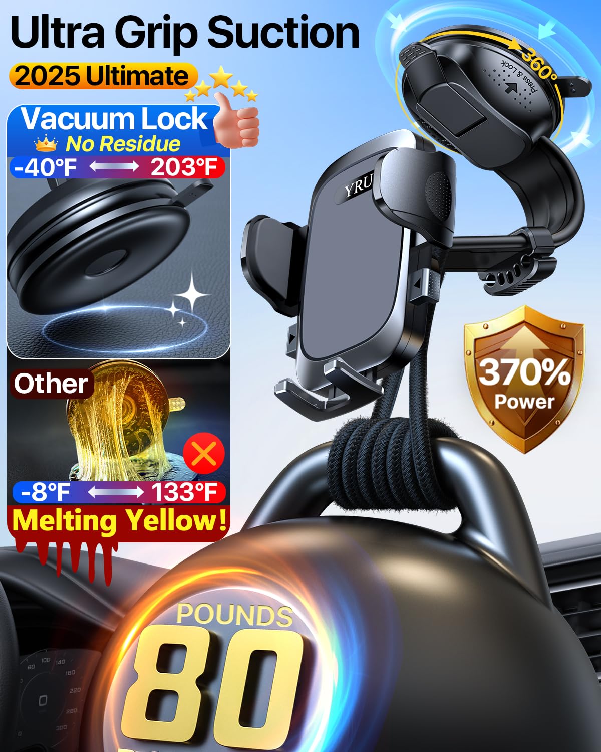 Yru [2025 Ultimate Car Phone Holder Mount [Bendable & Adjustable Aluminum Arm] Cell Phone Holder For Car Dashboard Windshield Ph