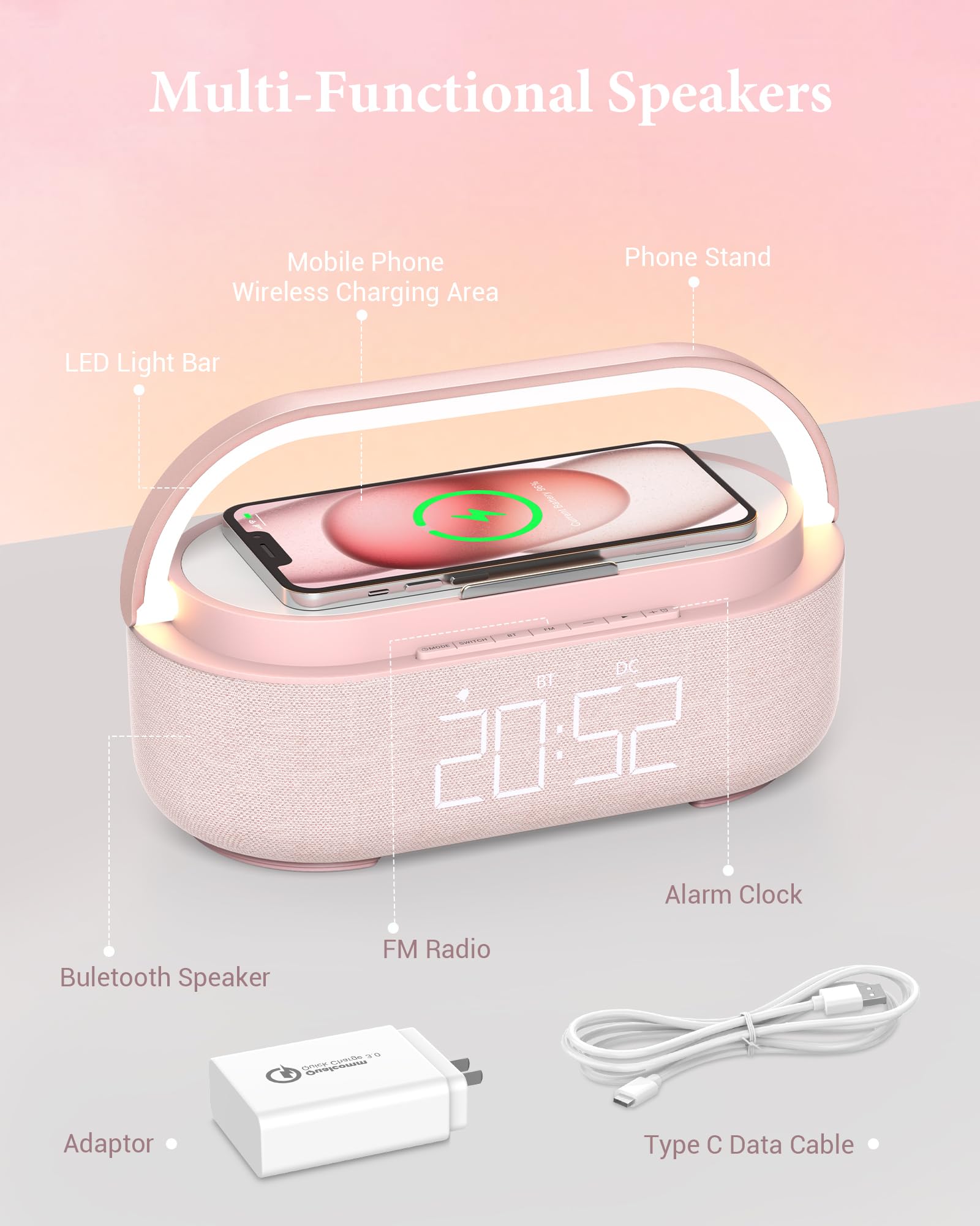 Colsur ?2024 Newest? Bluetooth Speaker, Fm Radio,Wireless Speaker Charger For Iphone, Dimmable Night Light, Dual Wireless Speake