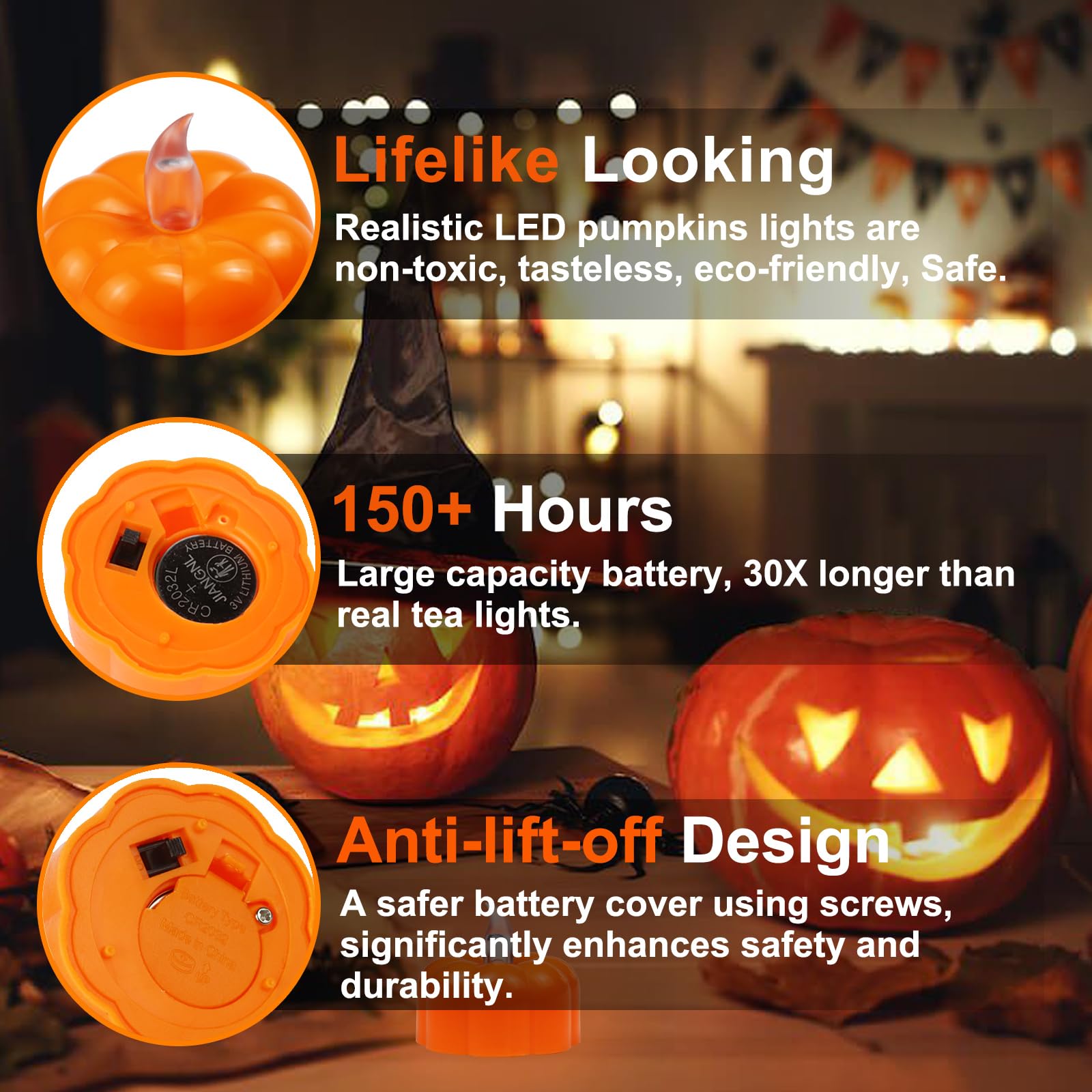 Thanksgiving Pumpkin Tea Lights Decorations Fall Decor, 24 Pack Led Orange Pumpkin Lights Flameless Candles Battery Operated, Ha