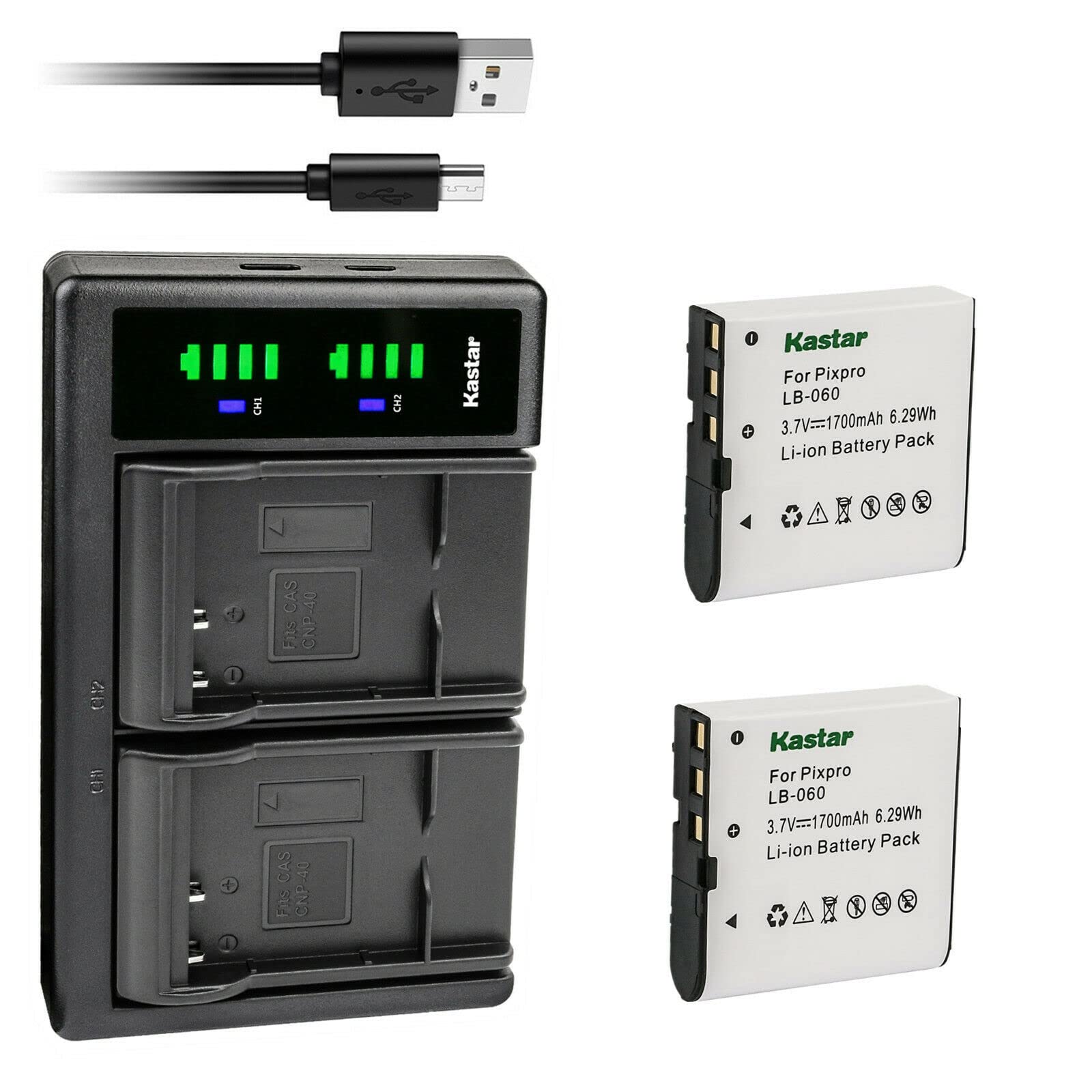 Kastar 2-Pack Battery and LTD2 USB Charger Replacement for Kodak LB-060 LB060 Battery, Kodak PixPro AZ525, PixPro AZ526, PixPro 