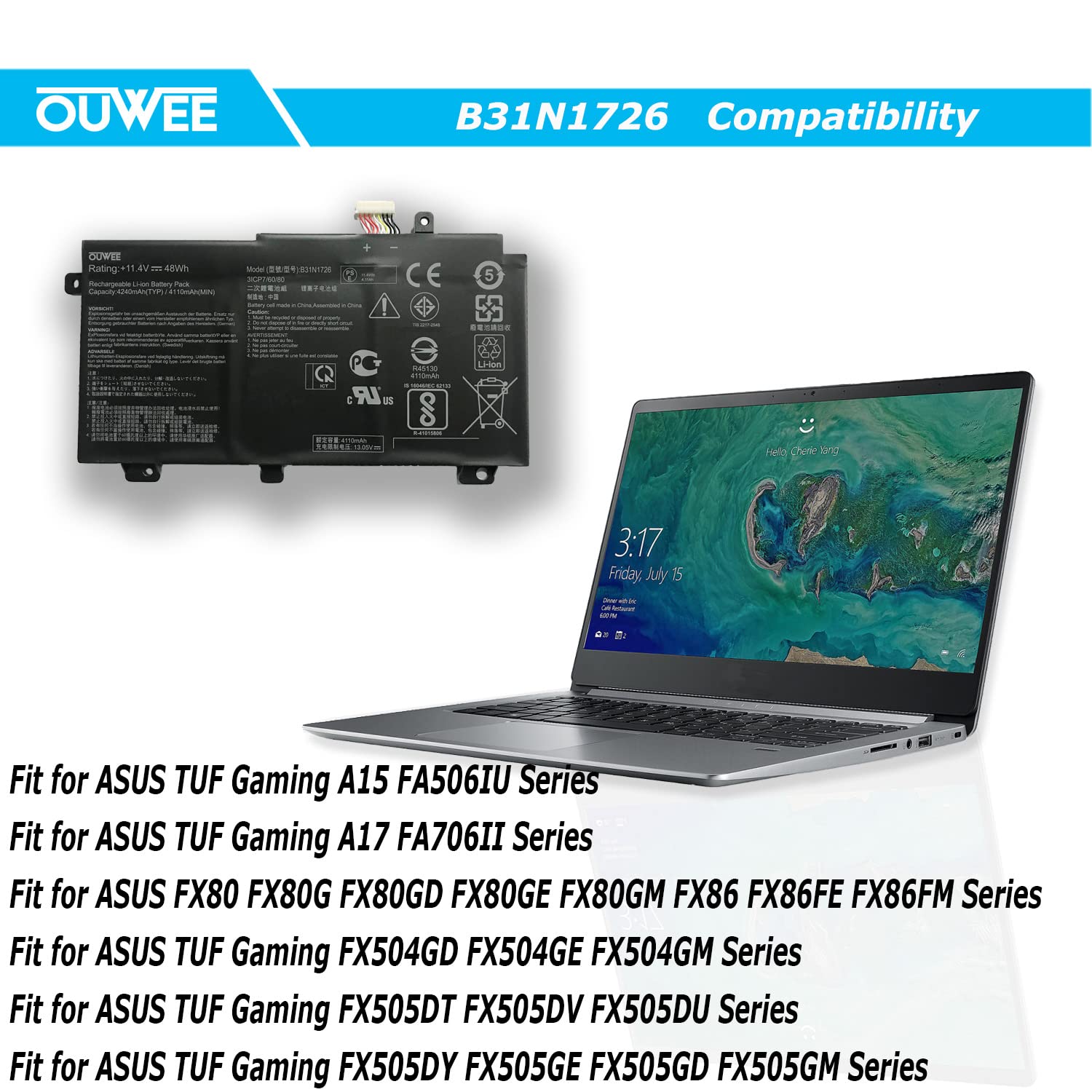Ouwee B31N1726 Laptop Battery Compatible With Asus Fx80 Fx86 Tuf Fx504 Fx504Ge Fx504Gm Fx505 Fx505Dt Fx505Dy Fx505Ge Fx505Gd Fx5