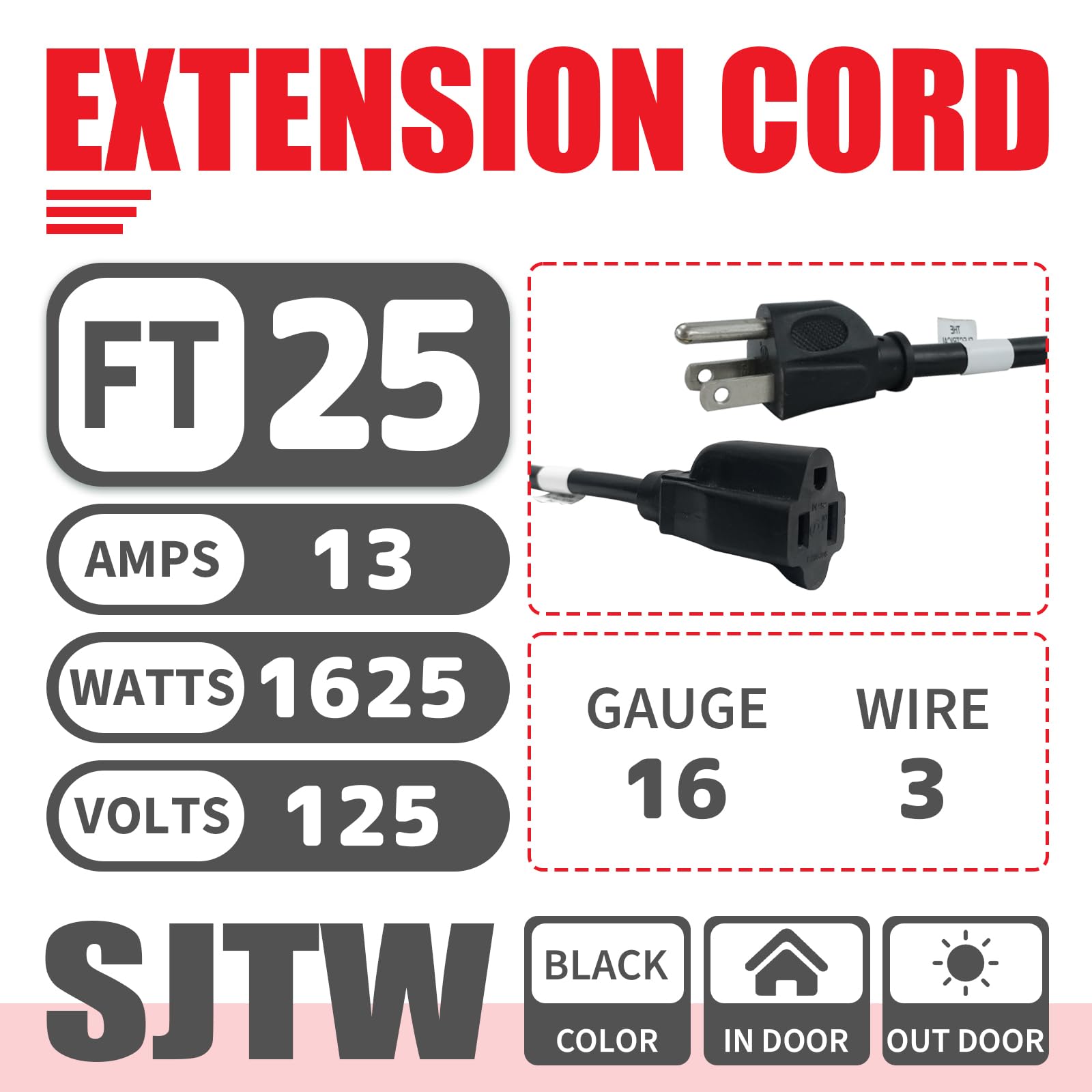 Ep 2 Pack 25Ft Black Outdoor Extension Cord, 16/3 Sjtw Heavy Duty Waterproof, 3 Prong Grounded Plug, 13A 1625W 16Awg, Cold Resis