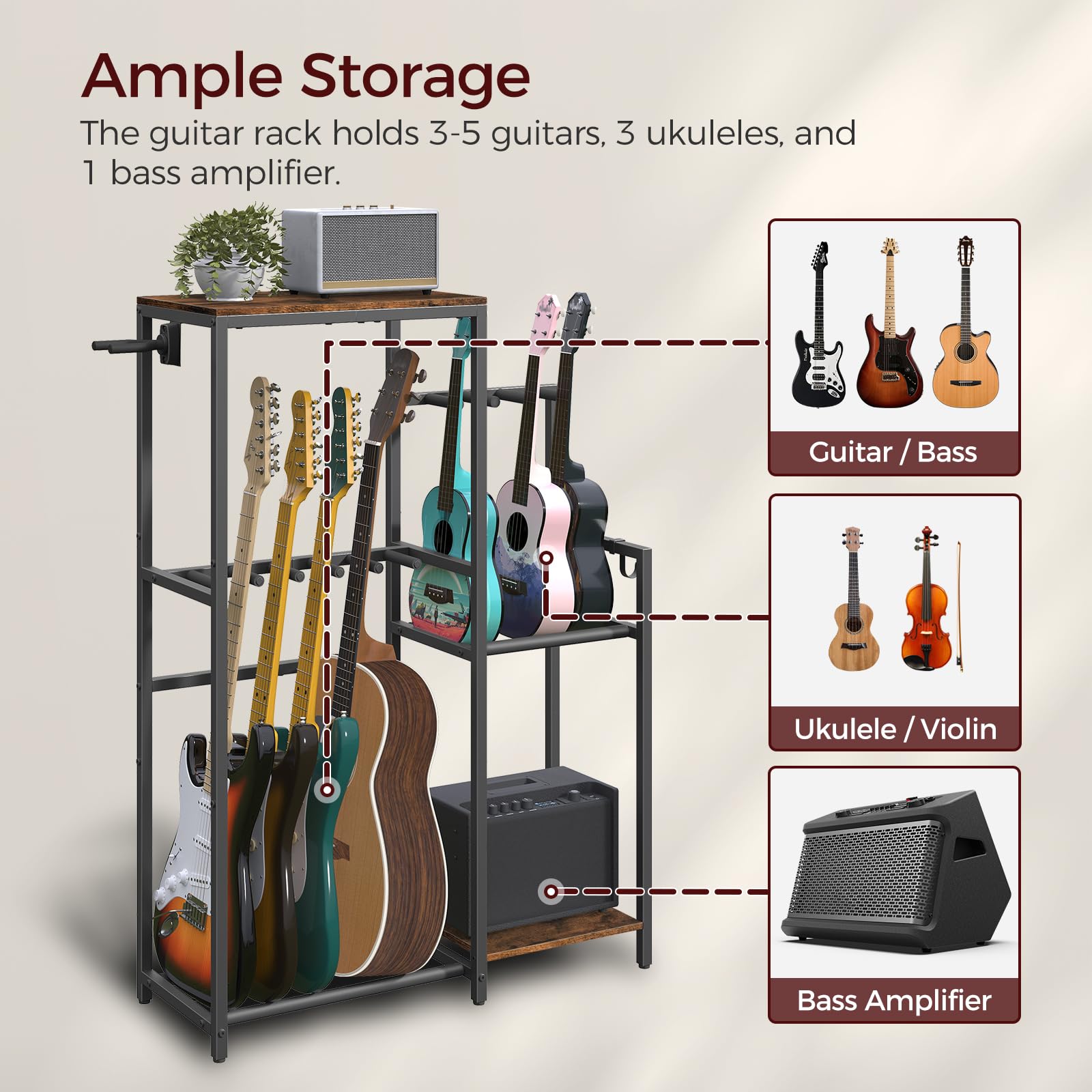 Mahancris Guitar Stand, Multi-Guitar Rack, For Acoustic, Electric Guitar, Bass, Ukulele, Banjo, For 5 Guitars, Guitar Amp Stand,