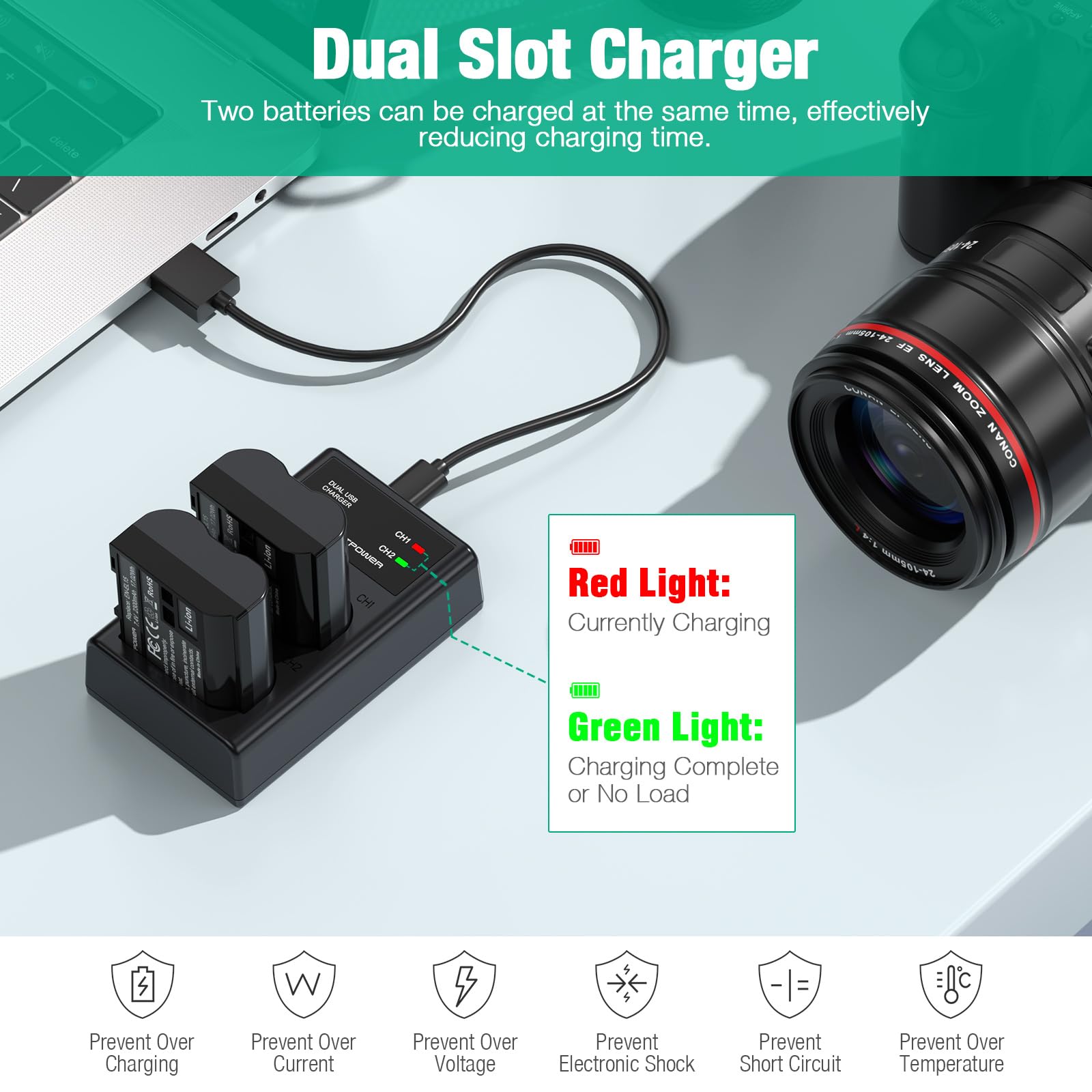 FirstPower EN-EL15 Batteries 2-Pack & USB Dual Charger for Nikon Z6 Z7 D750 D850 - Black