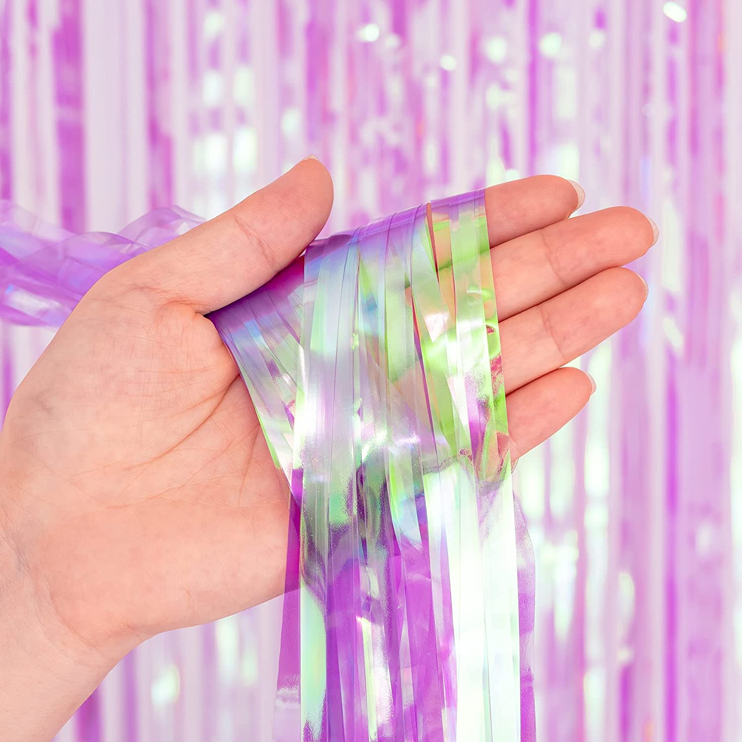 Braveshine Clear Purple Party Decorations Iridescent Foil Fringe Backdrops   2 Pack 3.2 X 6.5 Ft Metallic Tinsel Photo Booth Pro