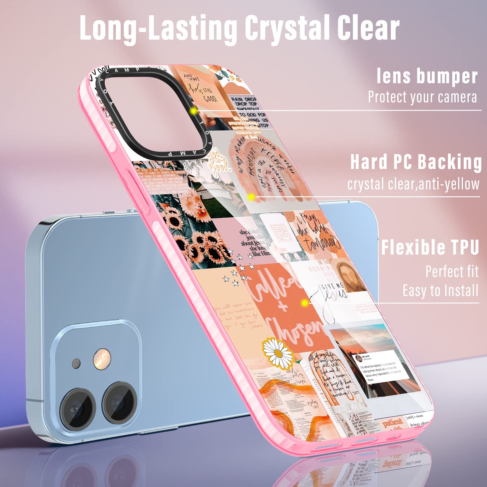 Toycamp iPhone 12/12 Pro Phone Case Vintage Collage Art Design Ring Kickstand TPU Pink Quotations 6.1 Inch