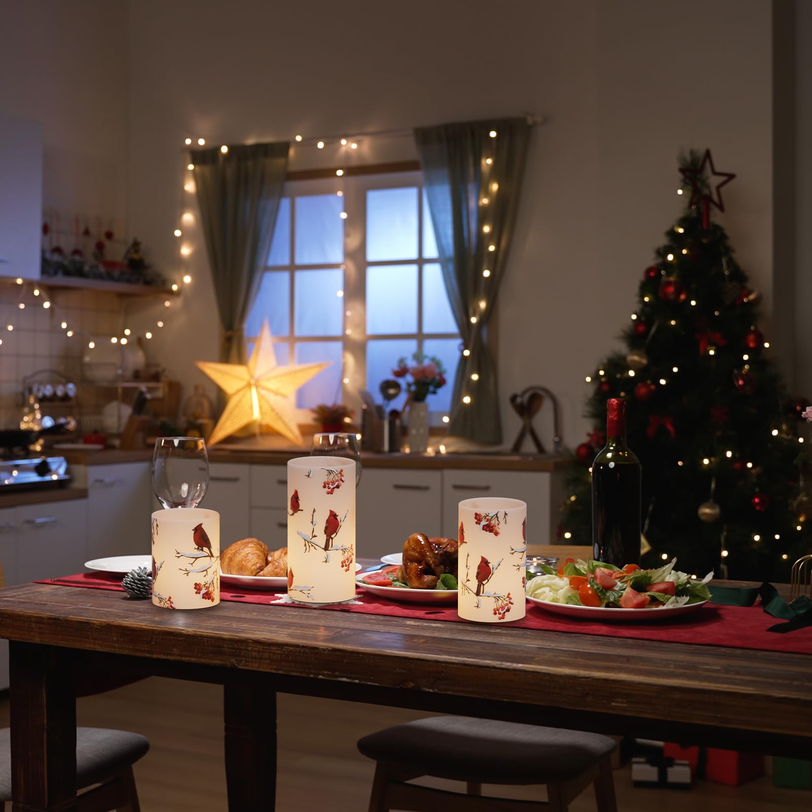Lasumora Cardinal Theme Christmas Flameless Candles With 6H Timer, Real Wax Led Pillar Candles Flickering, Battery Operated Waxy