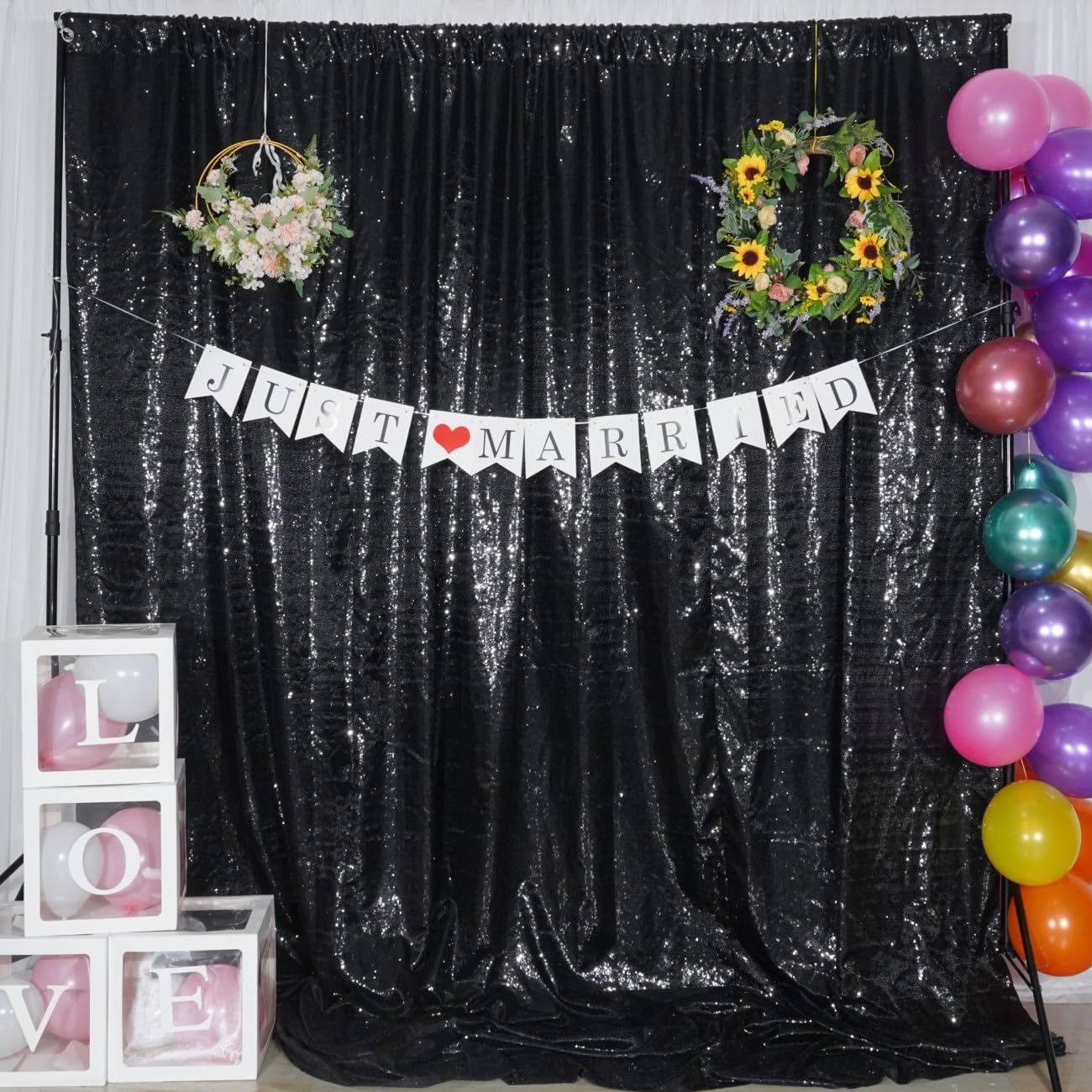 Poise3Ehome 8Ft X 8Ft Black Sequin Backdrop, Glitter Thick Satin Background Drapes, Sparkly Opaque Photography Curtain, Sequence