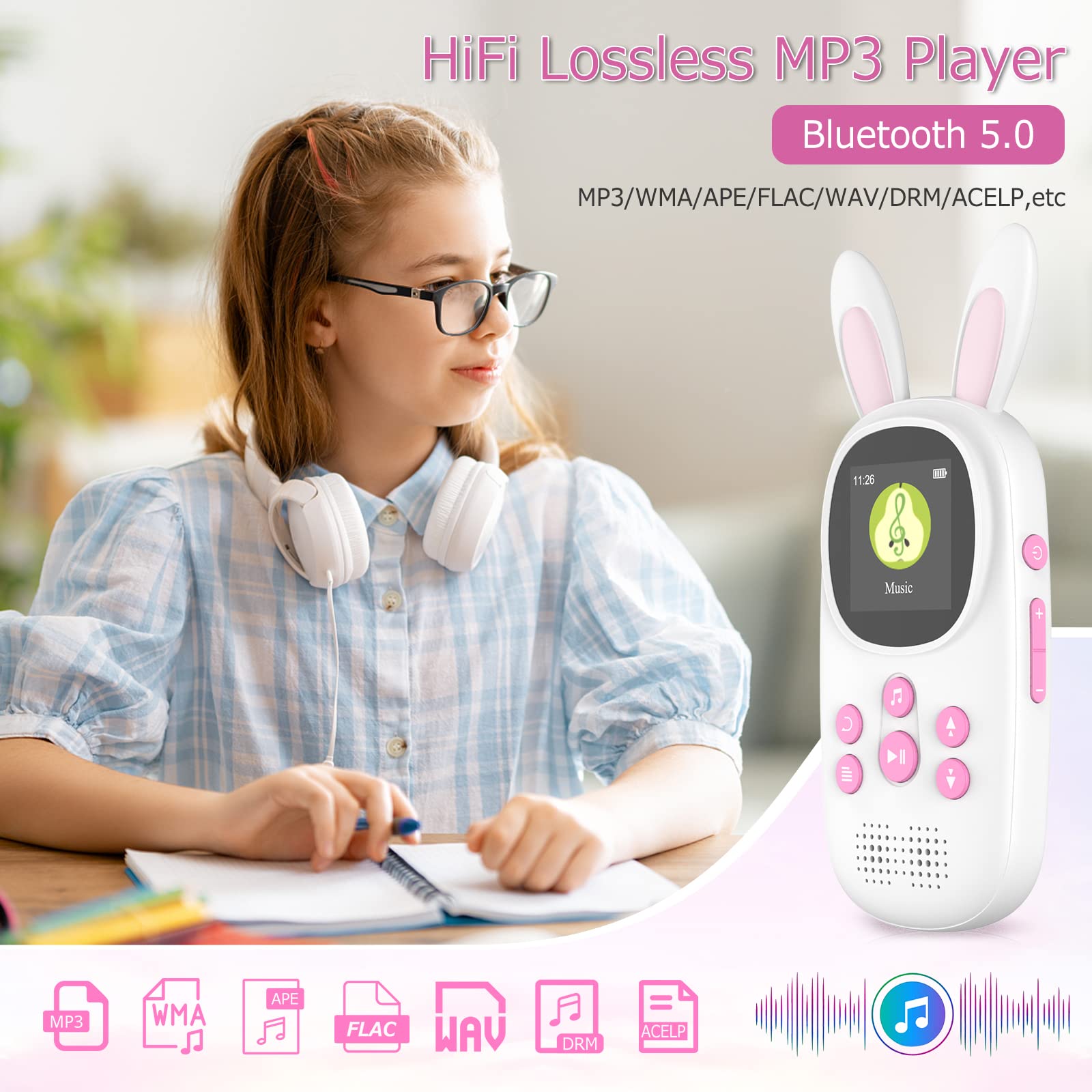 16Gb Music Mp3 Player For Kids, Cute Bunny Kids Music Mp3 Player With Bluetooth, Mp3 & Mp4 Players With Speaker, Mp3 Player With