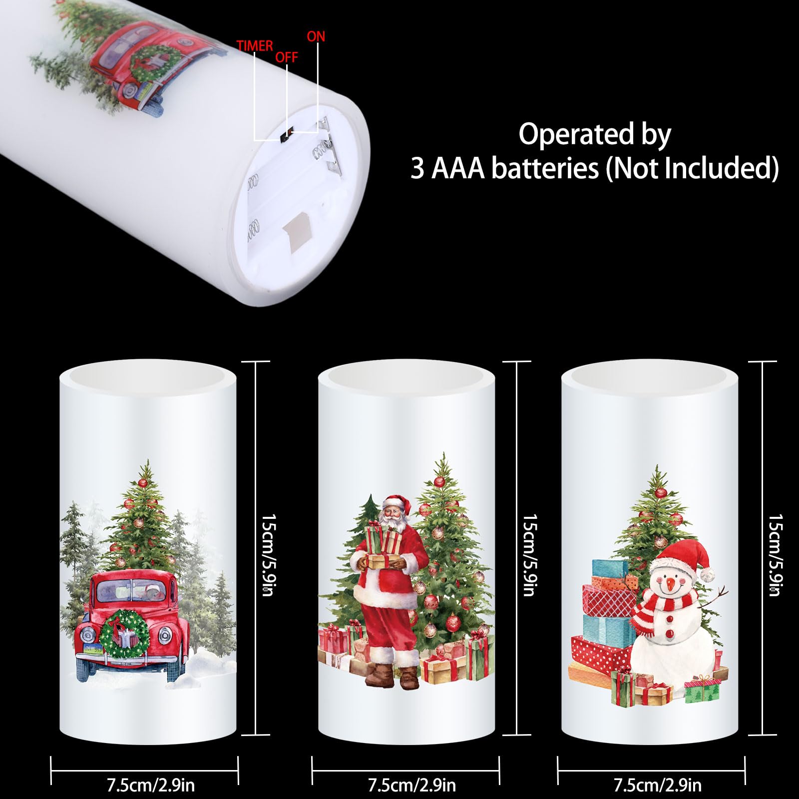 Whaline Christmas Led Flameless Candles Santa Snowman Tree Warm Light Battery Operated Pillar Candles Xmas Watercolor Electric F