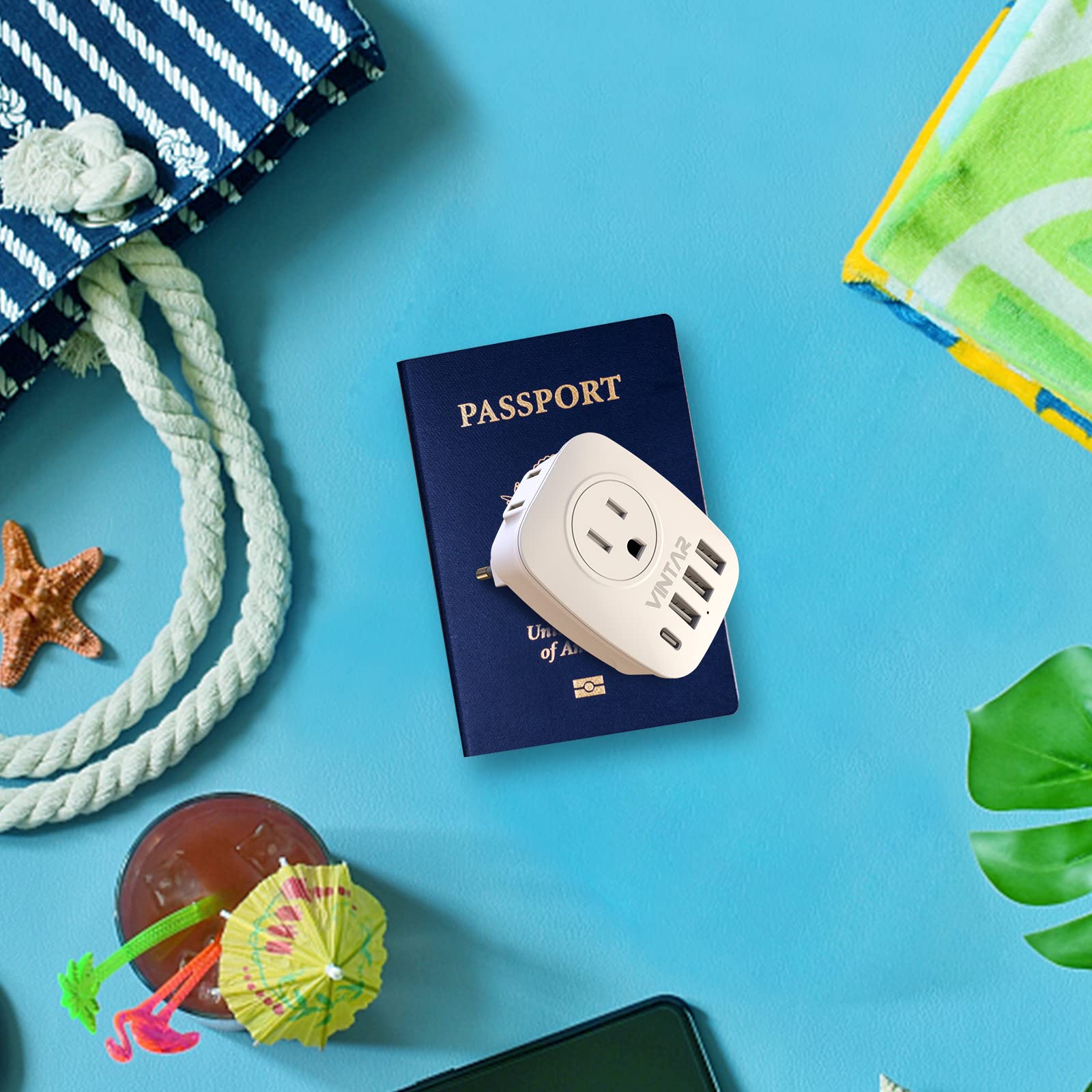 1 Pack European Travel Plug Adapter, Vintar International Power Plug Adapter With 2 Outlets, 3 Usb And 1 Usb C, 6 In 1 Travel Es