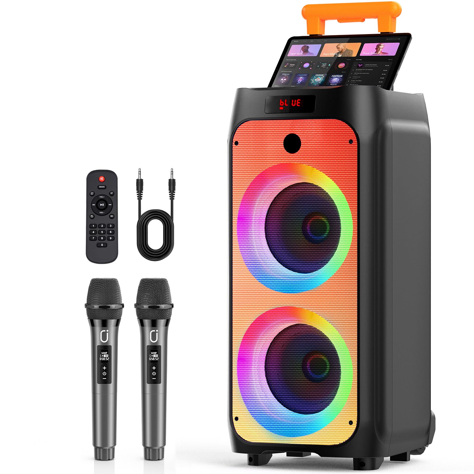 Karaoke Machine with 2 Microphones, Big Bluetooth Party Speaker for Adults, PA System with 500W Peak Power and Disco Light, Roll