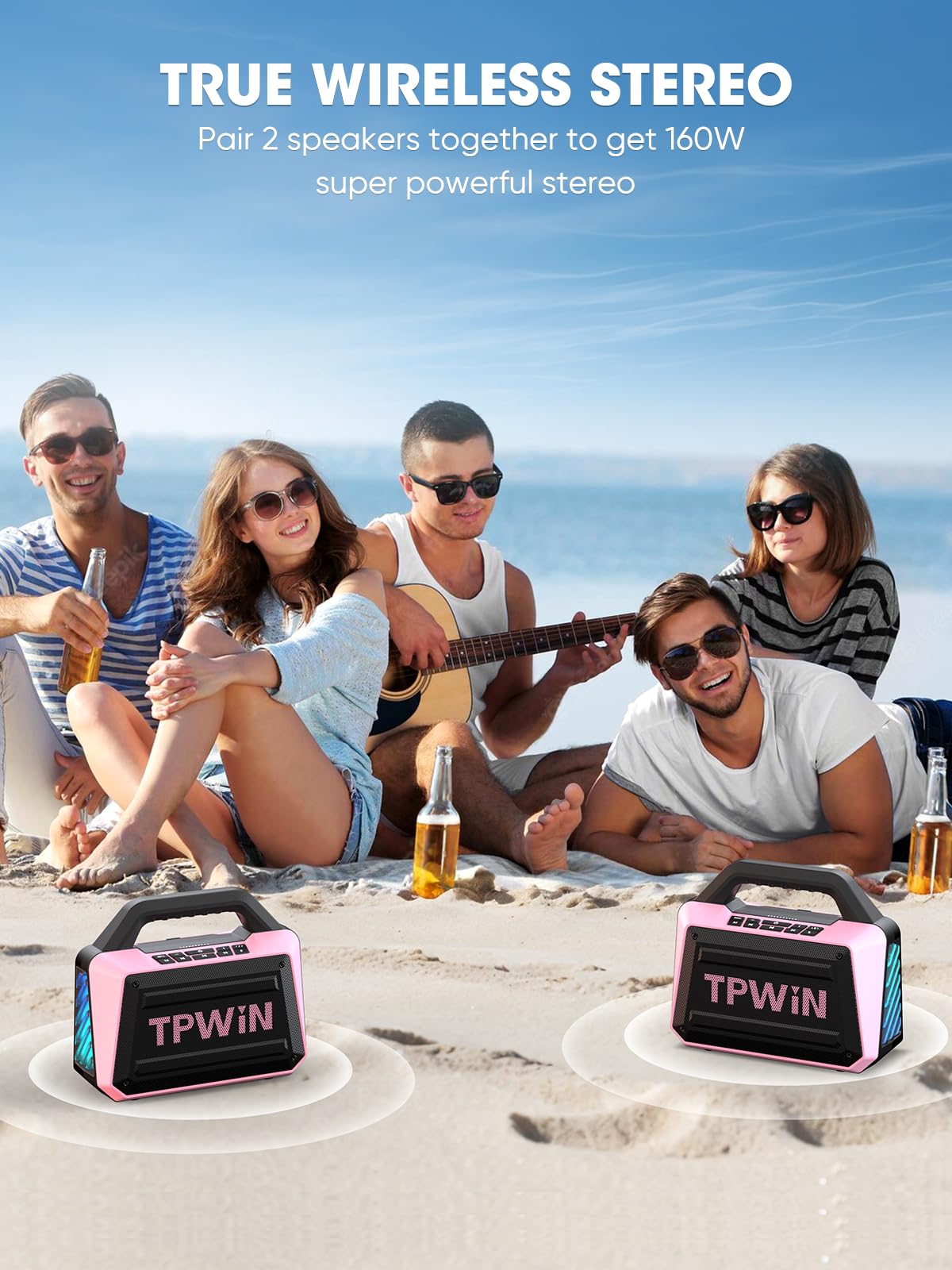 Tpwin Wireless Bluetooth Speakers - Portable Speaker 80W Peak, 20H Playtime, Light Shows, Loud Speaker With Strong Bass, Bt 5.3,