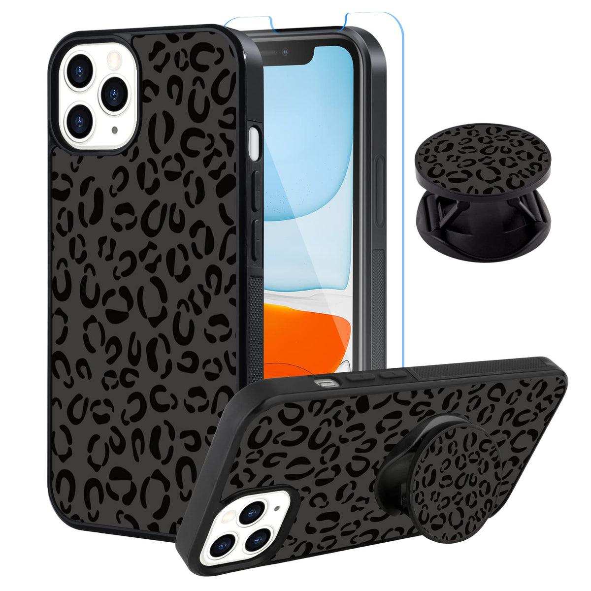 Sakuulo Iphone 11 Pro Case, [Screen Protector + Kickstand] Black Leopard Cheetah Design, Anti Slip Shockproof Lightweight Flexib