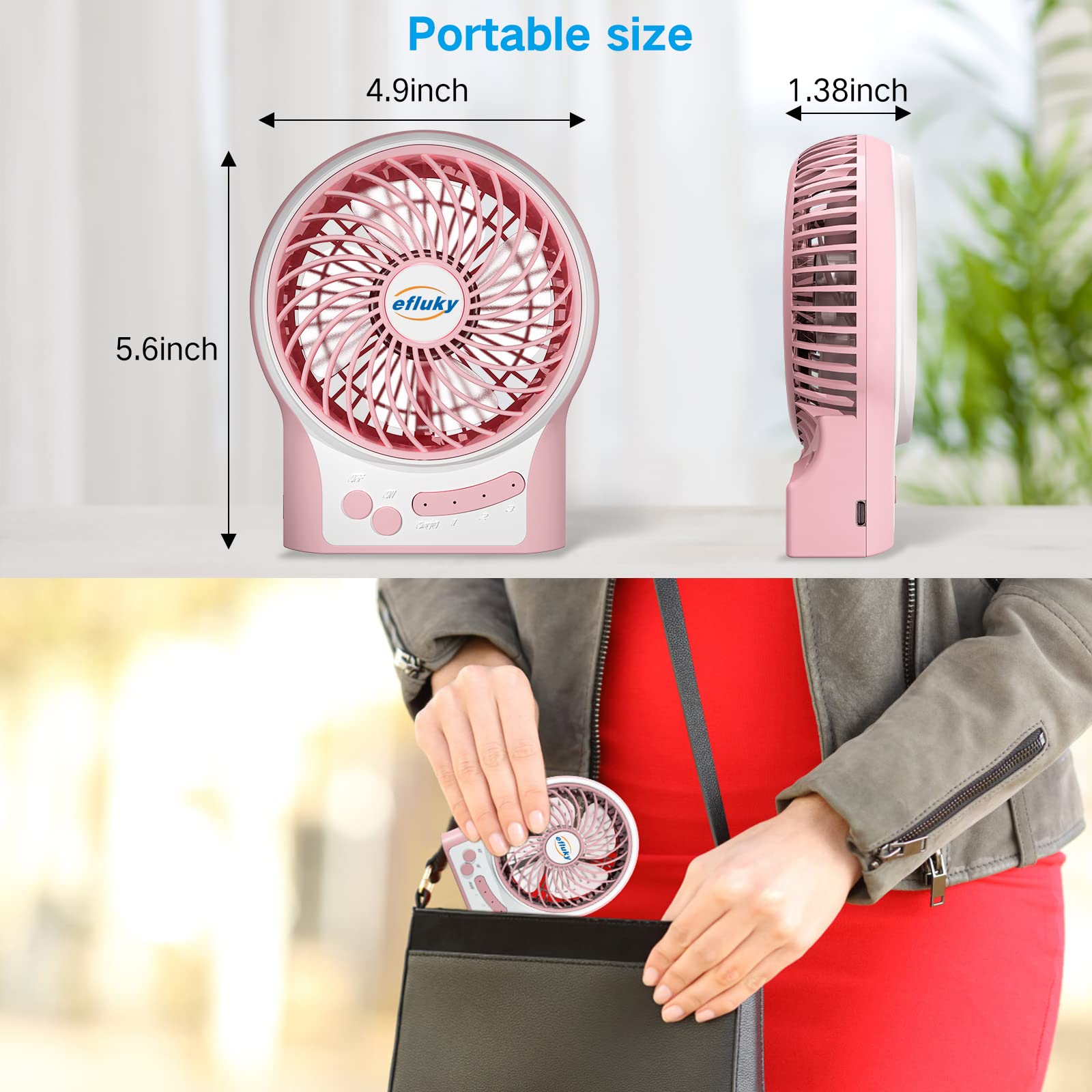 Efluky 3 Speeds Mini Desk Fan, Rechargeable Battery Operated Fan With Led Light, Portable Usb Fan Quiet For Home, Office, Travel
