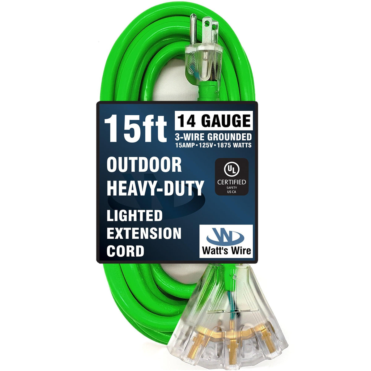 15 Ft   14 Gauge Heavy Duty Extension Cord   3 Outlet Lighted Sjtw   Indoor/Outdoor Extension Cord By Watt'S Wire   15' 14 Gauge