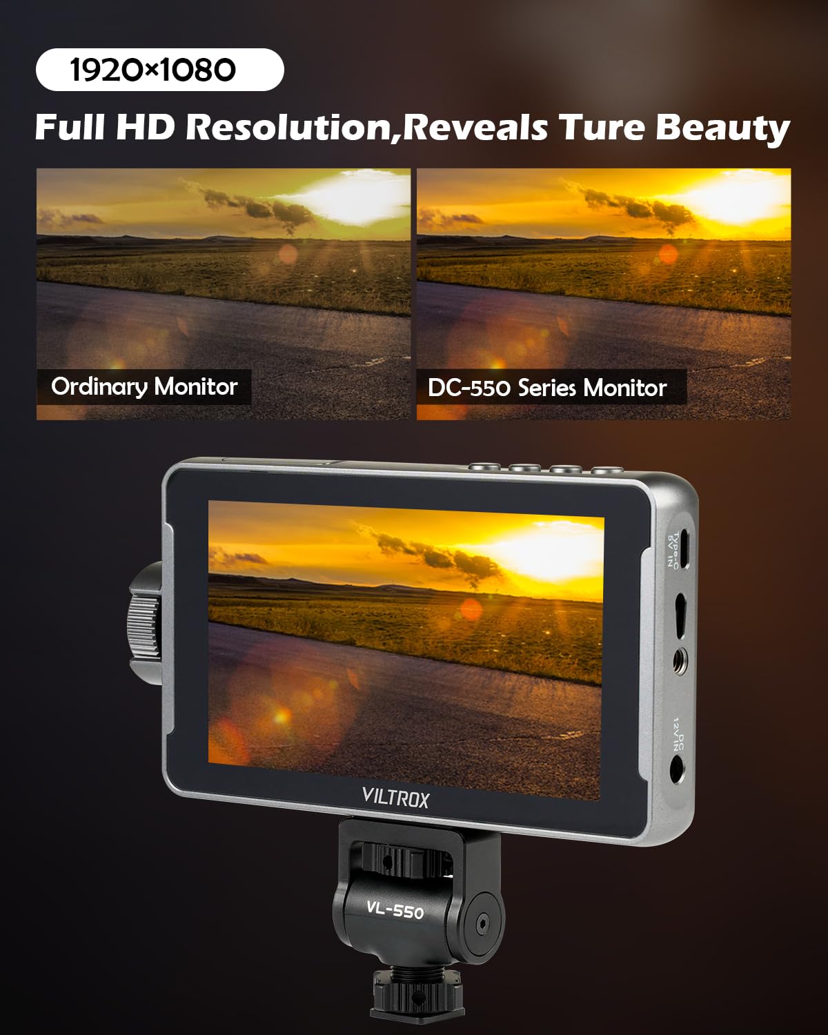 Viltrox Dc 550 Pro Touchscreen Camera Video Monitor, 5.5 Inch 1200Nits 4K Hdmi In/Out Video Field Monitor Kit With Battery   On