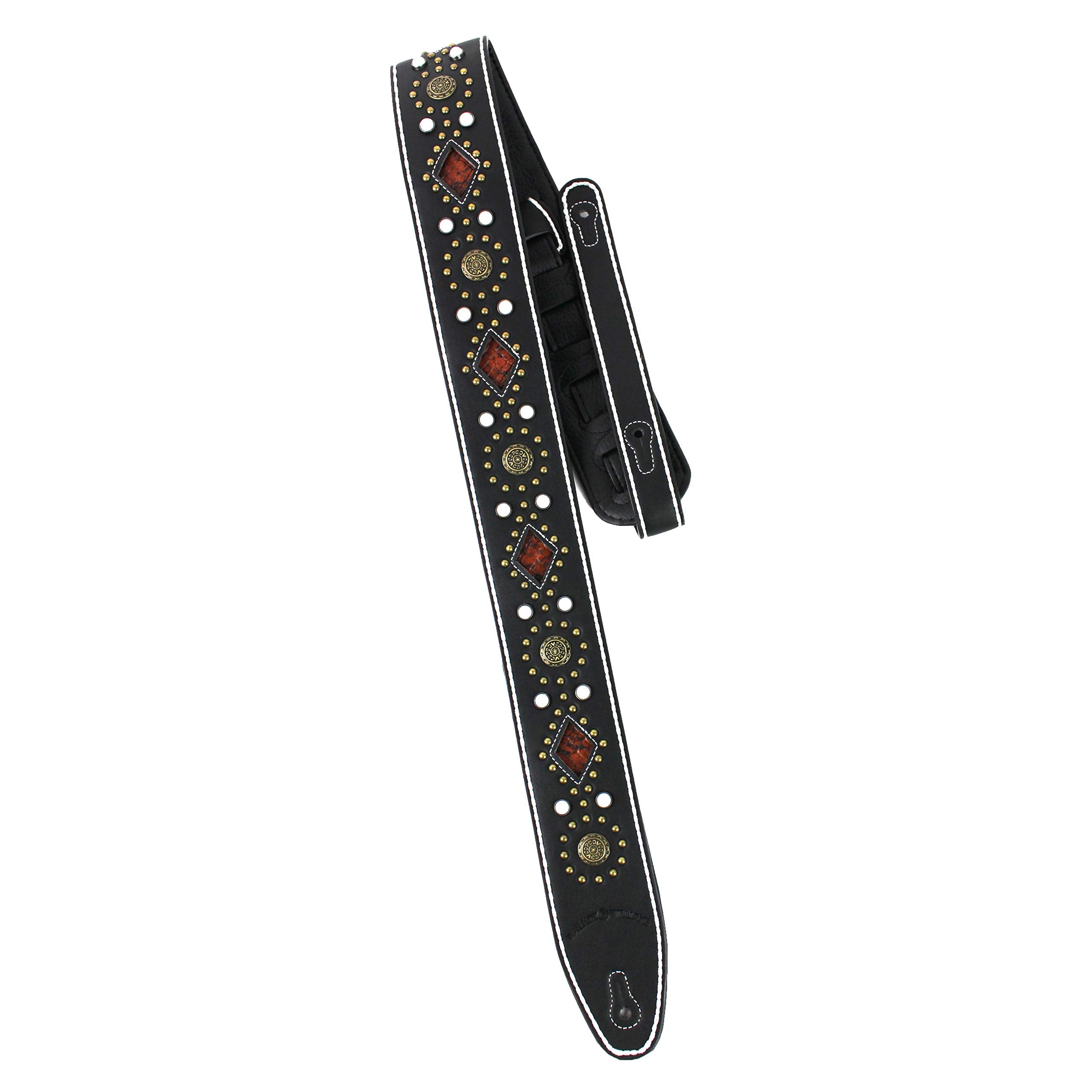 Walker And Williams Gtr 20 Wht Sedona Special Premium Black Padded Guitar Strap With White Stitching Brass Studs & Rivets For Ac